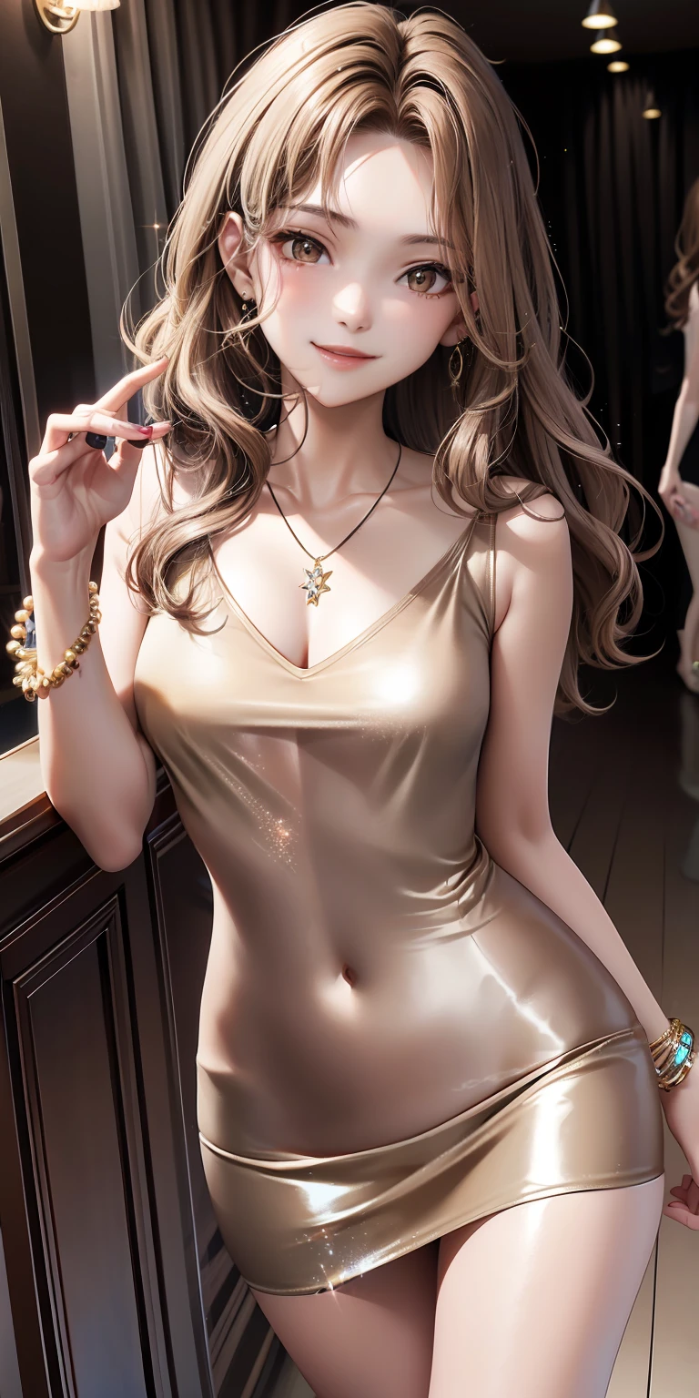 Light brown hair、adult lady、Wavy Hair、A seductive smile、耳Nipple Ring、A bracelet、a necklace、casual dress、Shines、Glitter、Tyndall effect、very beautif、Smaller chest、Slender body。
