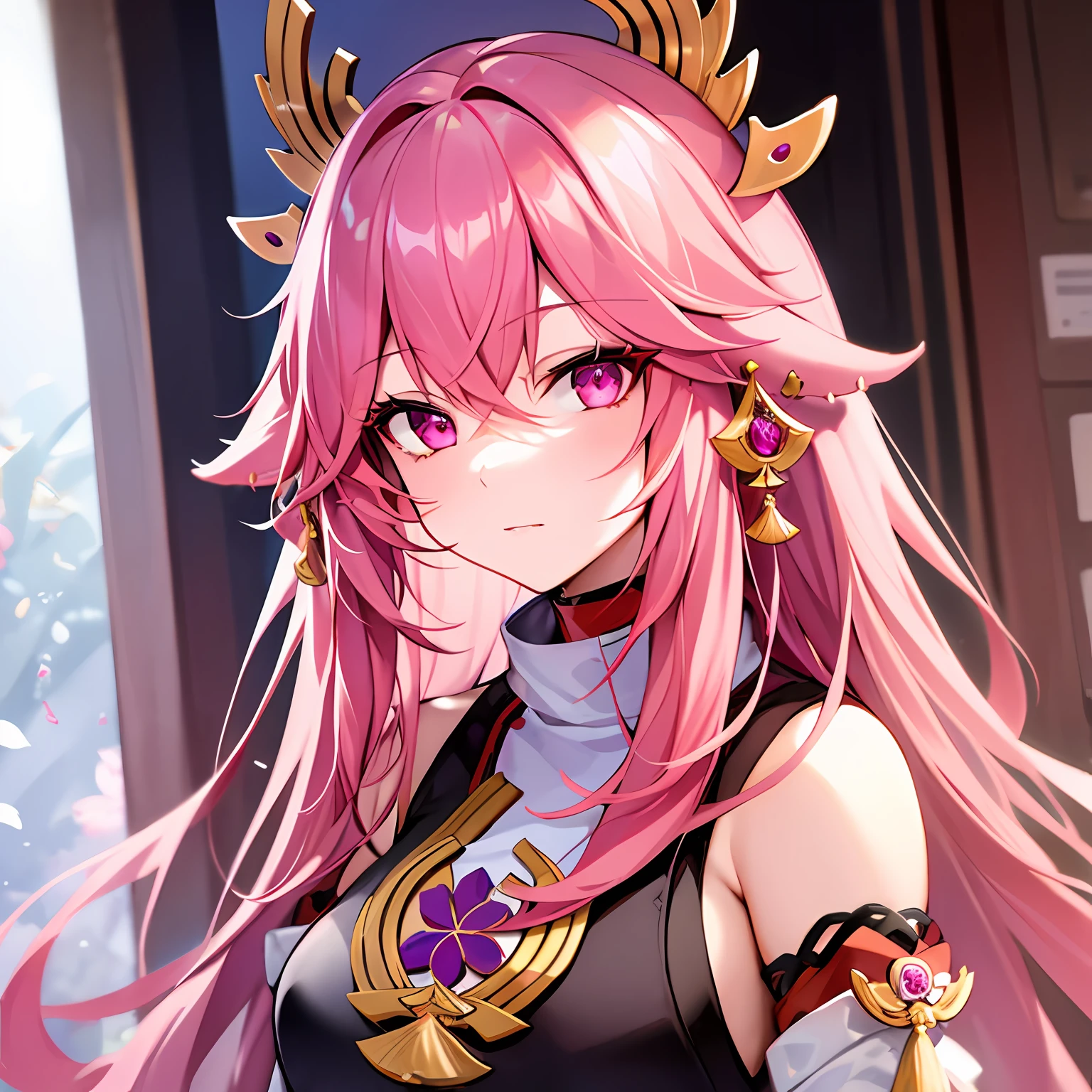 Highly detailed, High Quality, Masterpiece, beautiful, solo, 1girl, ExtraFacesRanni, upper body, yae miko, pink eyes, long hair, pink hair, animal ears,