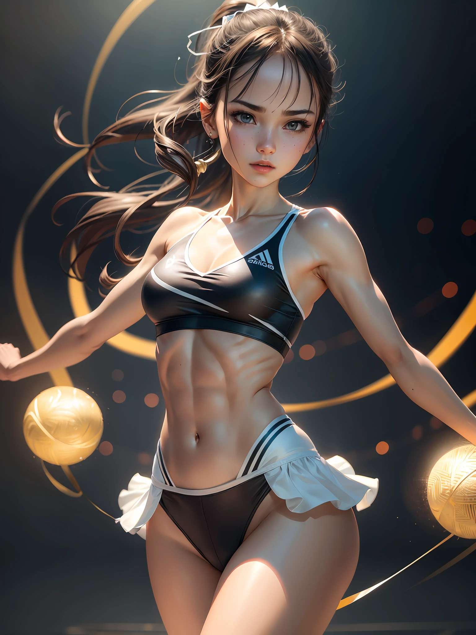 ((medium breasts⁩, Beautiful Girl, small head)), Daylight, Sunlight, (Chiseled abs : 1.1), (Perfect body : 1.1), detailed Hair, nice legs, Wearing a rhythmic gymnastics uniform , (Very detailed CG 8k wallpaper), (extremely delicate and beautiful), (masutepiece), (Best Quality:1.0), (Ultra High Resolution:1.0),  Beautiful lighting ,Perfect Lightning, Realistic Shadows, [hight resolution], Detailed skin, Ultra-detailed,rhythmic gymnastics venue,dynamic shot