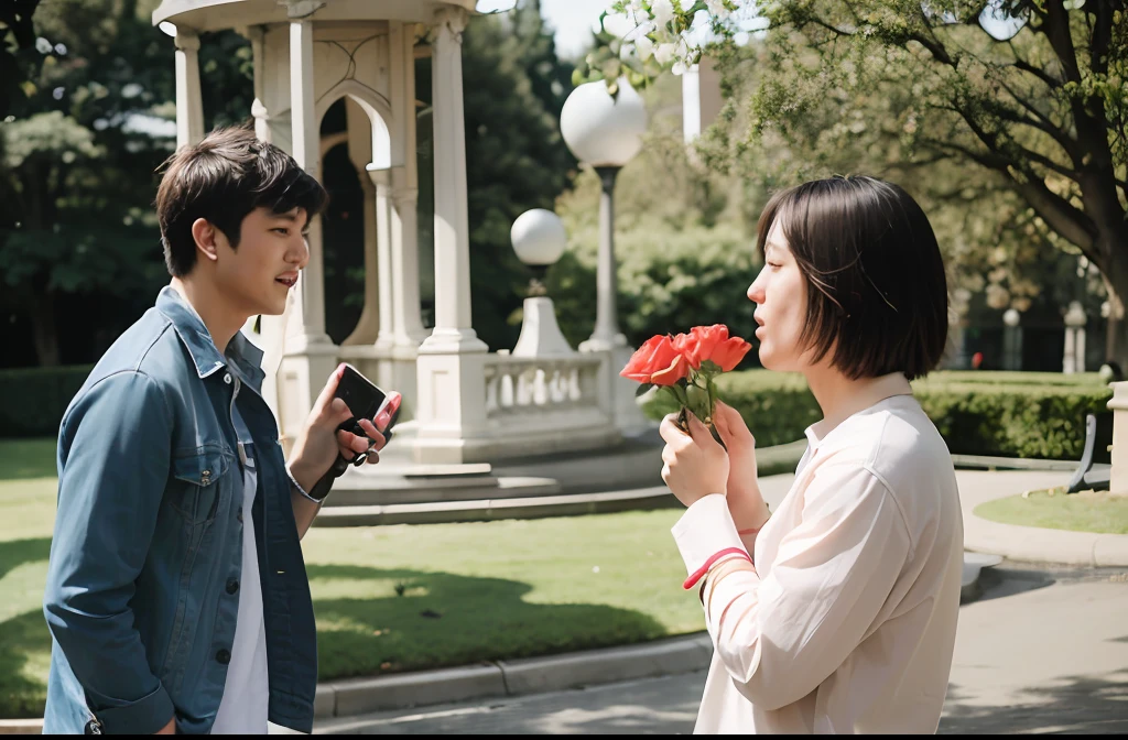 Two men standing in a park talking on their cell phones, picking up a flower, Holding a rose, Holding a flower, flower, taken with canon 8 0 d, holding magic flowers, photoshoot, Romantic, holding a rose in a hand, holding red roses, unrequited love, growing out of a giant rose, photo taken with canon 5d