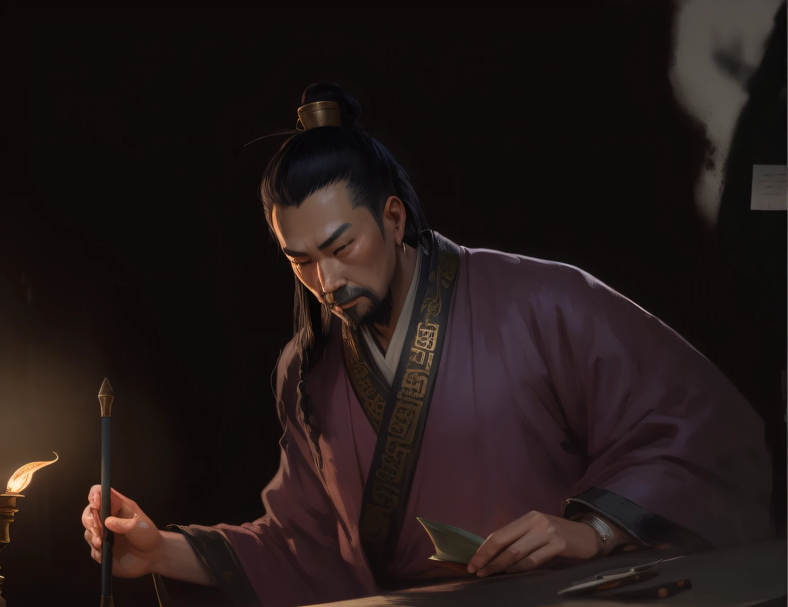 An Arafod man in a purple robe writes at a table,inspired by Zhang Sengyao,Painting as game concept art,concept art of a monk,Inspired by Cao Zhibai,inspired by Dong Yuan,ismail inceoglu and ruan jia,Feng Zhu concept art,painterly concept art,Inspired by Feng Zhu,Chinese ancient style,the night,ancientry ,three kingdom,oil lamp