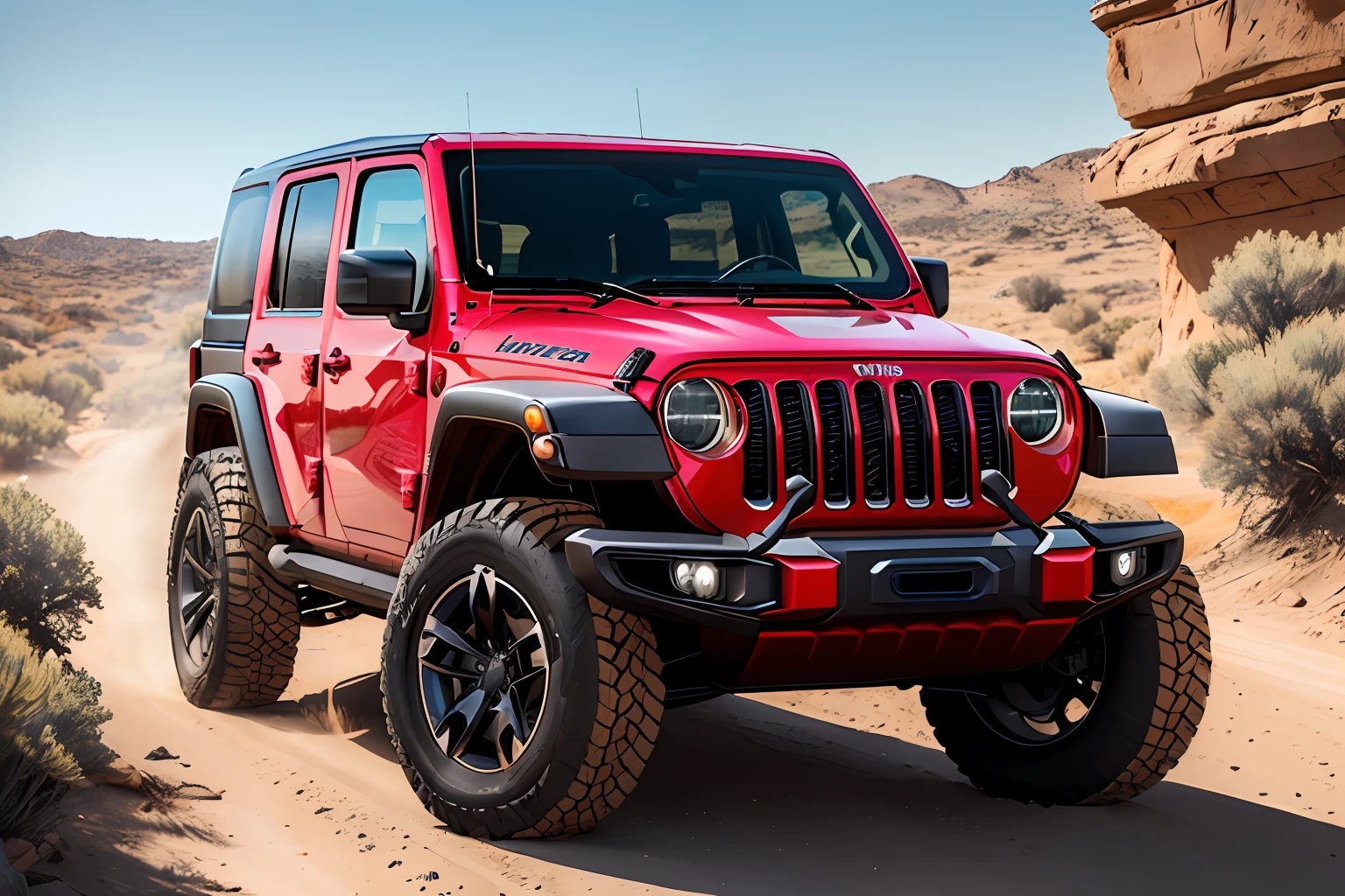 Um closeup de um, Jeep Wrangler Magneto 20 EV, com rack de teto, estribos nas laterais, Competition Accessories (( pneus grossos e altos)) rodas preta de off-road, quebra mato frontal((( Estilo militar))), trending on vehicle design, dominance, corpo inteiro, corpo inteiro, 4l, gm, desporto, 🕹️ 😎 🔫 🤖 🚬, Detalhe poderoso, Album art, new vehicle, extremamente intrincado, vehicle, Directed by: Karl Völker