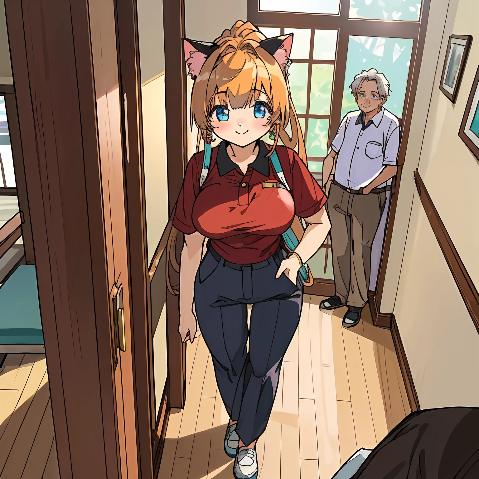 (Highly detailed CG Unity 8k wallpaper), (Best Quality), (Super Detail), (Best Illustration), (Best Shadow), POV, Realistic lighting and shading, Natural light, Lens flare effect, BREAK, 1 beautiful girl, Solo,(Cute:1.5),(Chibi:0.8), (kawaii:1.5),(Lori:0.5), BREAK, ( (17 years old girl), Very detailed, colourfull, highest details, BREAK, (Huge breasts: 1. 2,), Clear skin, Beautiful skin, Shy skin, 1 beautiful girl, Brown hair, (Cat ears, Ponytail, medium-Long hair: 1. 2), (Light blue eyes, long eyelashes, Double eyelids: 1. 2), Solo, gleaming skin, BREAK,(trouser,Black chinos,Pichi Pichi:1.2), (shortsleeves, polo shirts, Red Shirt:1.2), (star-shaped earring:1.1), (Lace headband:1.0), (Cute Accessories:1.3), (A smile,Happiness:1.1), (is standing,Slouched:1.3), Holding paper pants in his right hand,Hanging a tube of ointment in your left hand, (Angle from the front:1.1), BREAK, (Caregiver:1.2),(Facilities for the elderly,Day Service,inside the house:1.5),(Multiple elderly guests)