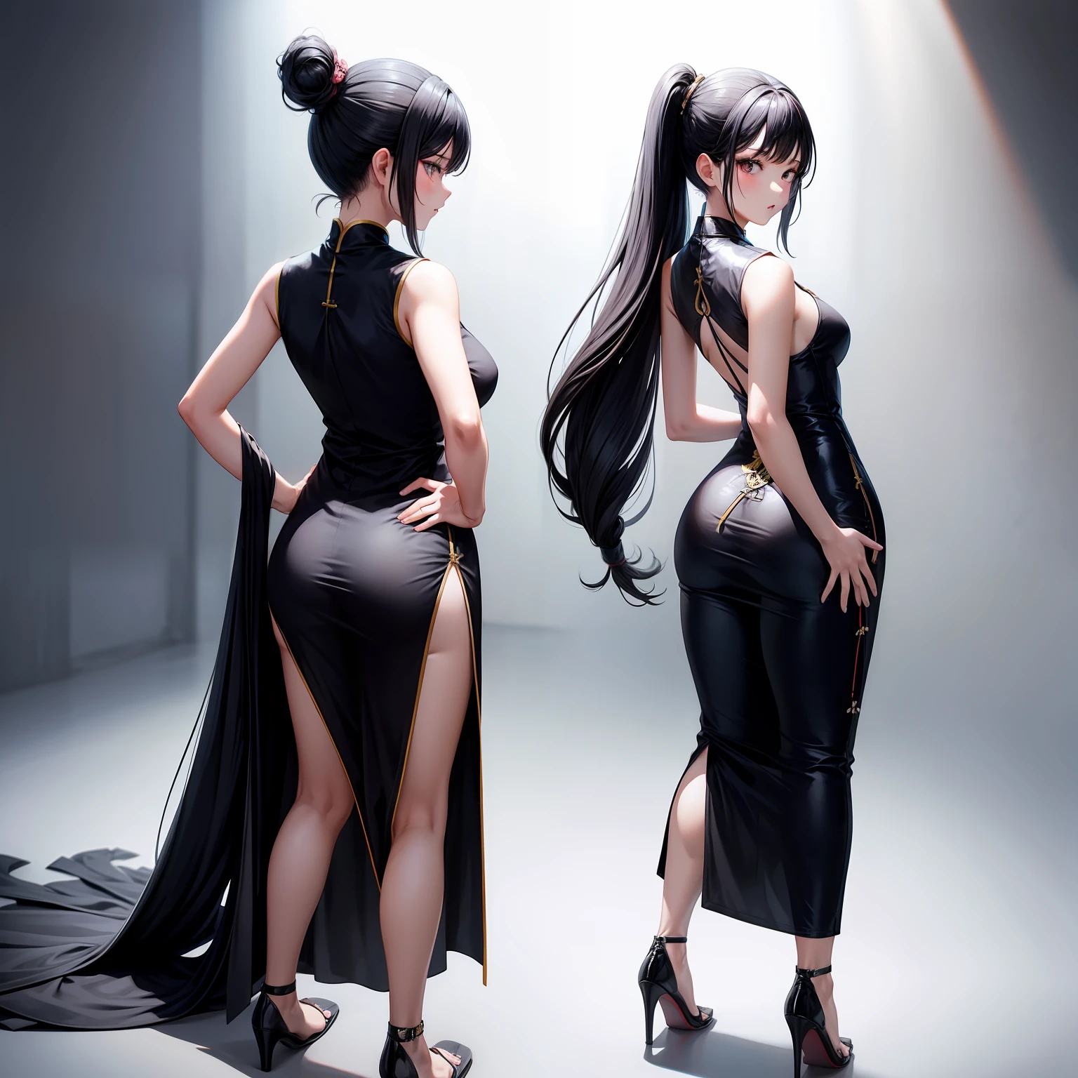 only 1 girl,Very long cheongsam,Sleeveless,black in color,Full body photo,Back,Hair tied up,hands on hips,Focus on the butt,The butt is round