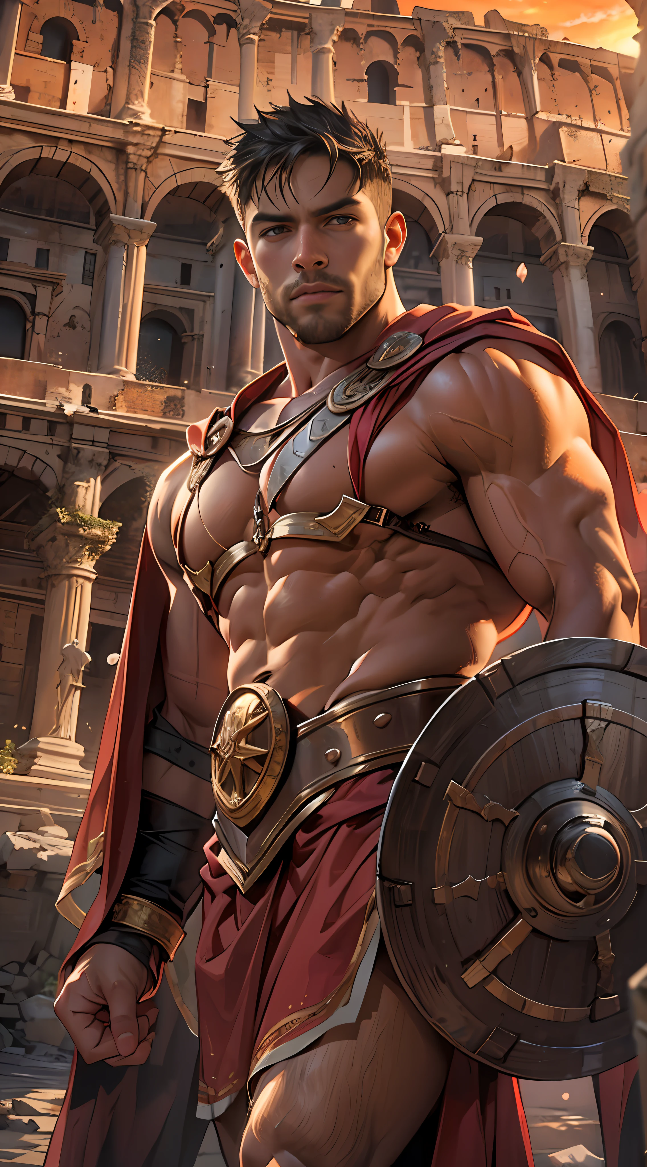 Powerful gladiator, Chest uncovered, Lower body from thighs to feet, Cascading long curls, Detailed muscle physique, Lifelike depiction, 4K 分辨率. Background: Colosseum in spectacular sunsets,32k ULTRAHD, Best quality, Masterpiece, Super detail, High details