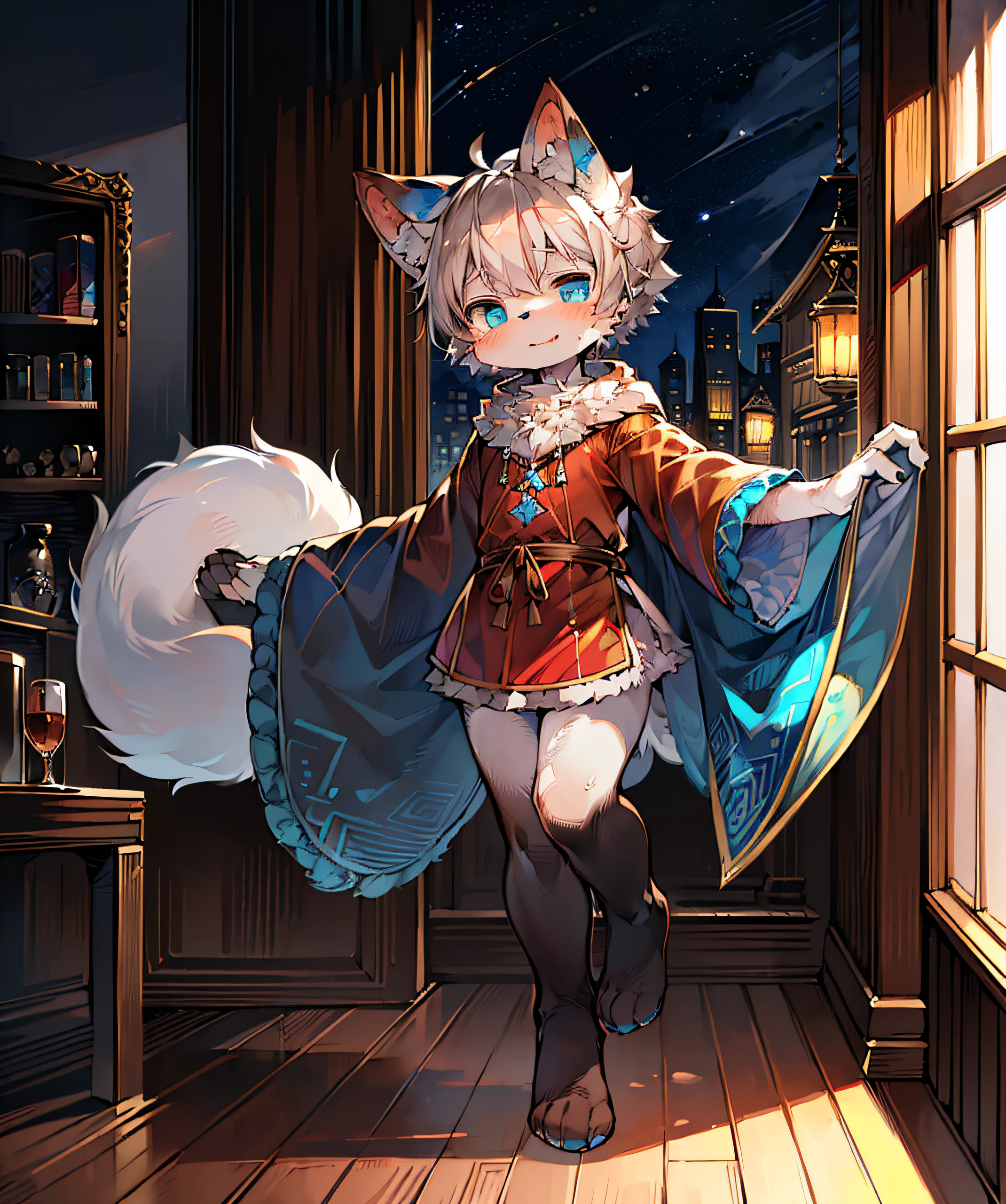 masterpiece,high quality,abstract res,digital painting\(artwork\), by dagasi, yupa,kiyosan,(anthro,fluffy fur,character focus:1.1),anthro male cat,short hair,portrait , eyes with brightness, in a panoramic view, Character focus.(detailedbackground:0.7), 独奏, shaggy, shaggy male, malefocus, anthr,(Full Body Furry, Fluffy tail, White fur, blue color eyes, Gray hair:1.2), (long canines、cloaks,blacksilk:1.2),(interiors、the night、城市、:1.1)