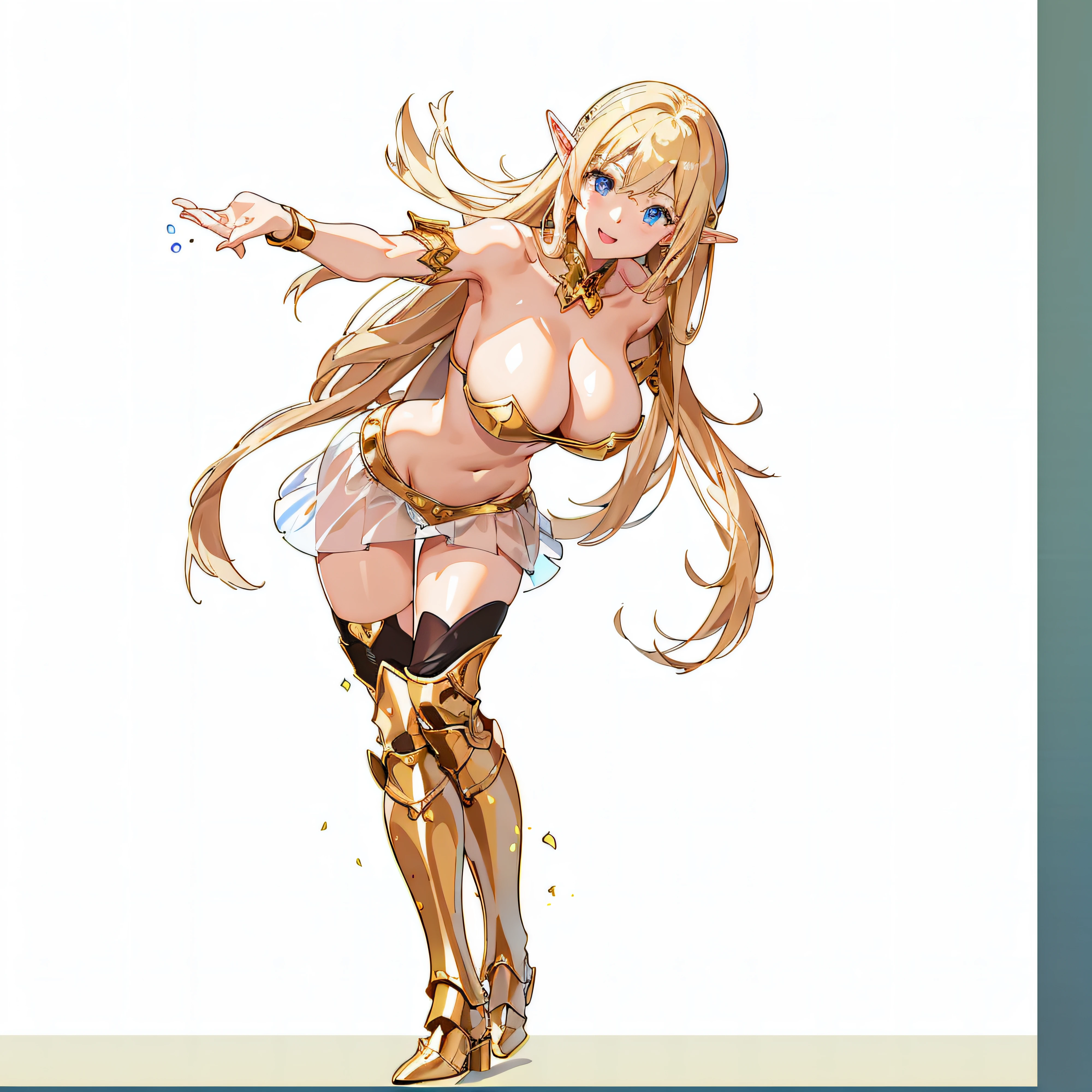 An ultra-high picture quality、White panty、extremely transparent skirts、Full body like、A smile、Very slender、Anime girl with blonde hair and gold armor posing naked、anime girl with a very big breast and a very big breast、Elven Girl、anime goddess、Perfect Style、The fleshy feeling of whip、short-hair、a blond、Blue eyes、alluring elf princess knight、Very open chest、oppai proportions、(Exposed seductive attractive cleavage:1.3)、teats、You can almost see the areola、Wet sheer skirt、Ultra-thin skirt、Ecchi anime style、Glittering golden armor、Angel Smile、angelic golden armor、Glamorous bikini armor、Beautiful fingers、Gold hair ornament、Gold bangles、Gold ankles、Gold Long Boots、Girl in armor、Sexy body、Emphasizes cleavage