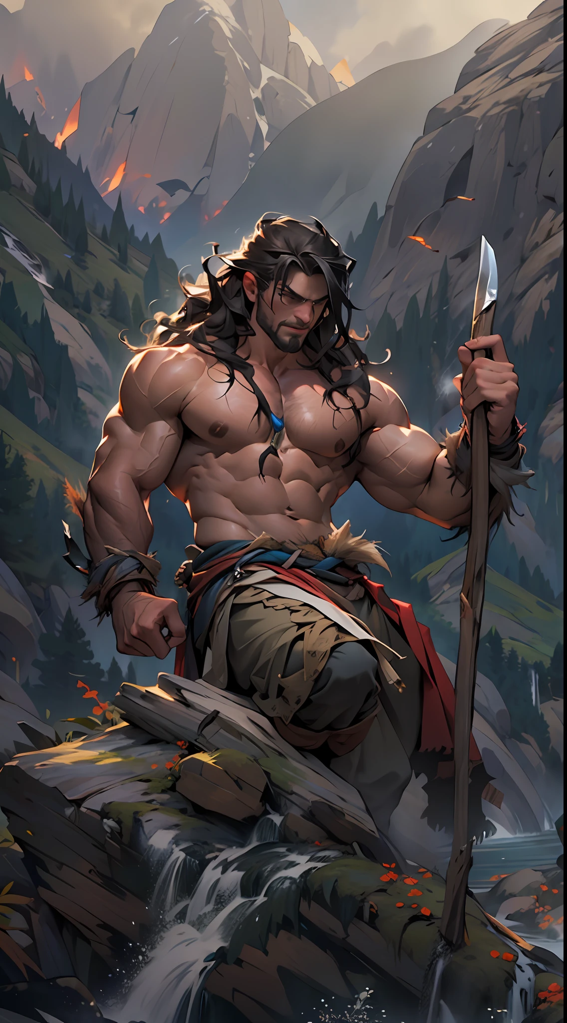Muscular barbarian, upper body unclothed, legs uncovered from thighs to feet, flowing long curls, detailed muscular physique, lifelike representation, 4K resolution. Background: Wild untamed wilderness with rugged mountains,32k uhd, best quality, masterpiece, super detail, high details