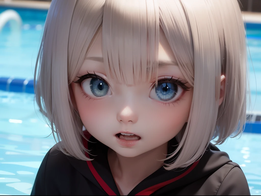 Best quality, tmasterpiece, Sweet cool 2 year old girl, Short white hair, eBlue eyes, The expression is scared, Behind the scenes, the pool