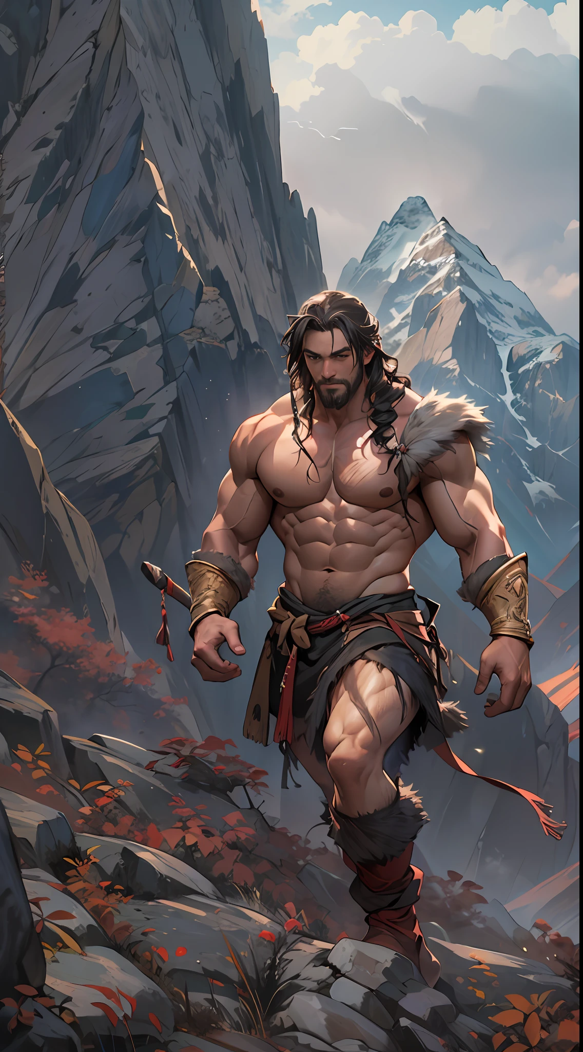 Muscular barbarian, upper body unclothed, legs uncovered from thighs to feet, flowing long curls, detailed muscular physique, lifelike representation, 4K resolution. Background: Wild untamed wilderness with rugged mountains,32k uhd, best quality, masterpiece, super detail, high details