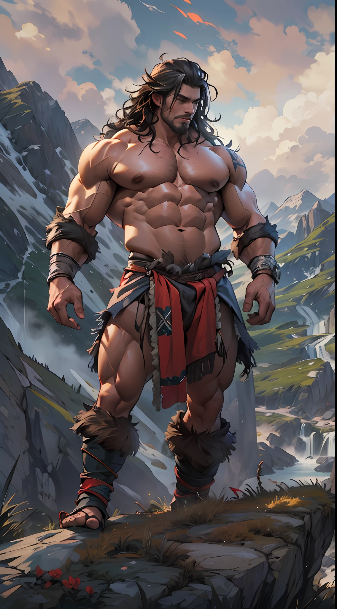 Muscular barbarian, upper body unclothed, legs uncovered from thighs to feet, flowing long curls, detailed muscular physique, lifelike representation, 4K resolution. Background: Wild untamed wilderness with rugged mountains,32k uhd, best quality, masterpiece, super detail, high details