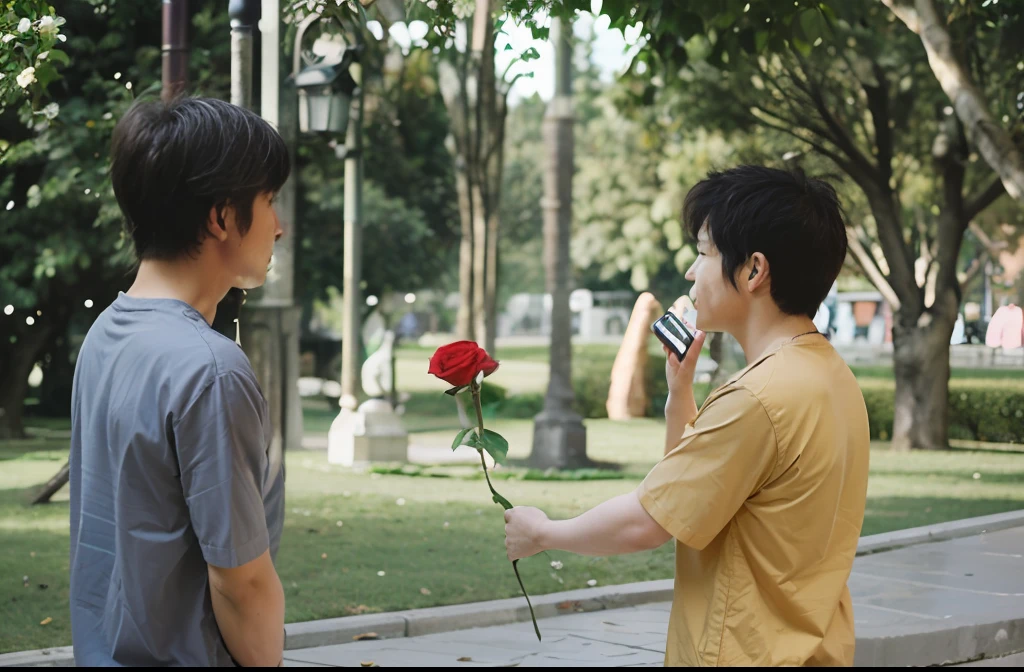 Two men standing in a park talking on their cell phones, picking up a flower, Holding a rose, Holding a flower, flower, taken with canon 8 0 d, holding magic flowers, photoshoot, Romantic, holding a rose in a hand, holding red roses, unrequited love, growing out of a giant rose, photo taken with canon 5d