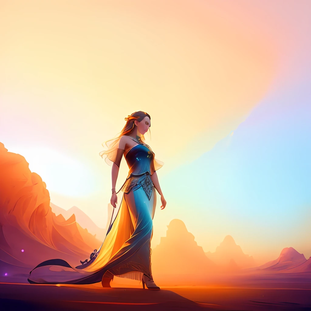 There is a woman in a long dress walking in the desert, bela arte conceitual, arte conceitual emocional, bela arte conceitual de corpo inteiro, Alvorada CGoreatation, epic digital concept art, cgsociety cores saturadas, arte de fantasia digital 2d, bela arte digital, Pintura digital de fantasia, belas fotos avatar, inspirado em Cirilo Rolando, rossdraws global illumination, Directed by: Cirilo Rolando