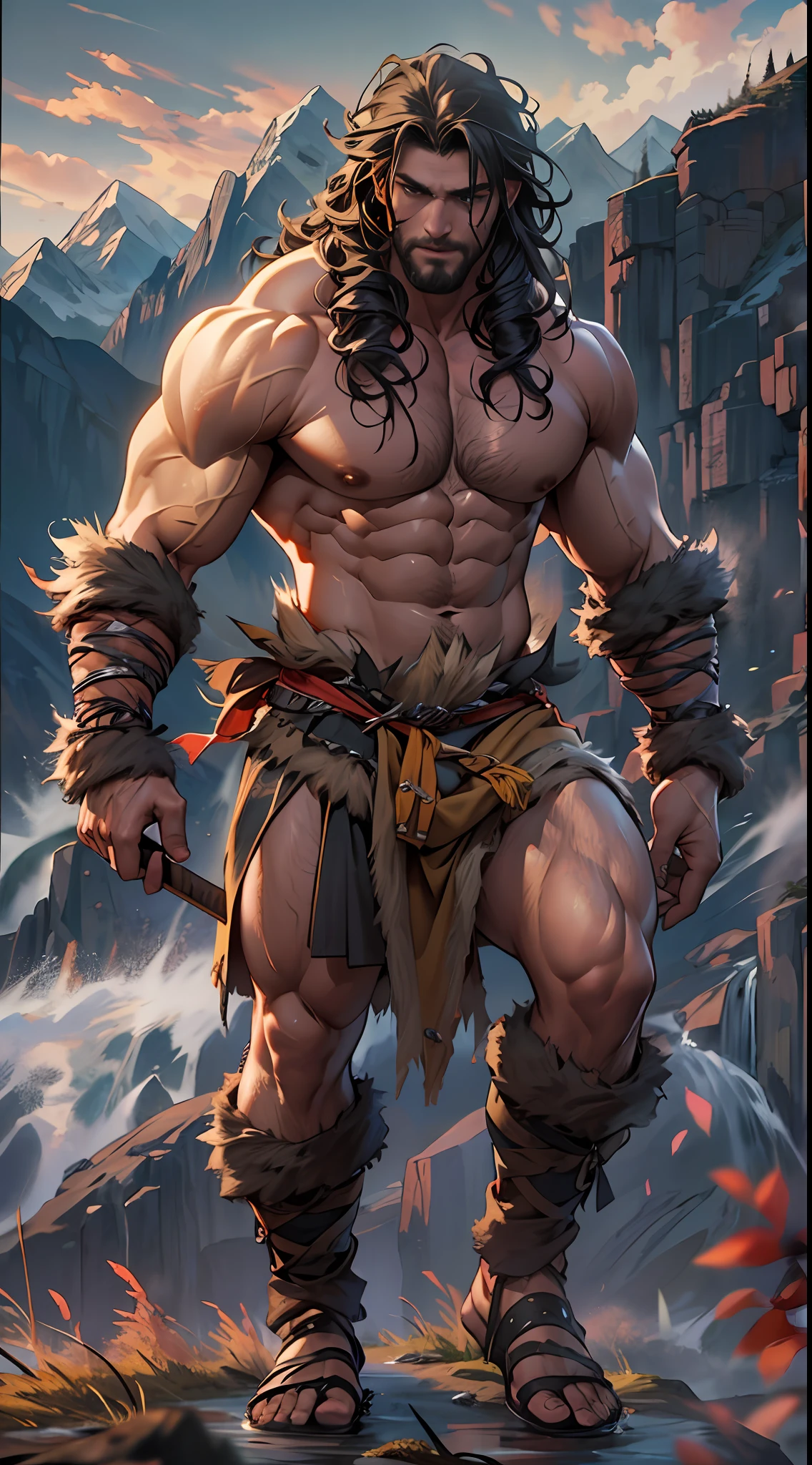 Muscular barbarian, upper body unclothed, legs uncovered from thighs to feet, flowing long curls, detailed muscular physique, lifelike representation, 4K resolution. Background: Wild untamed wilderness with rugged mountains,32k uhd, best quality, masterpiece, super detail, high details
