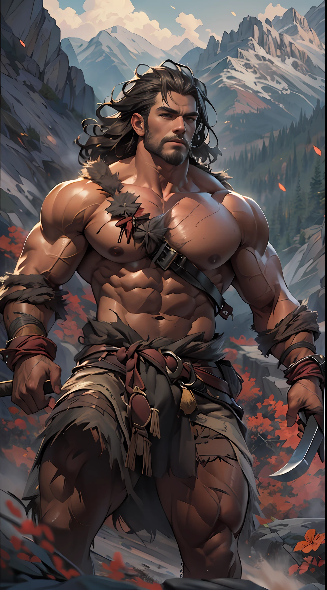 Muscular barbarian, upper body unclothed, legs uncovered from thighs to feet, flowing long curls, detailed muscular physique, lifelike representation, 4K resolution. Background: Wild untamed wilderness with rugged mountains,32k uhd, best quality, masterpiece, super detail, high details