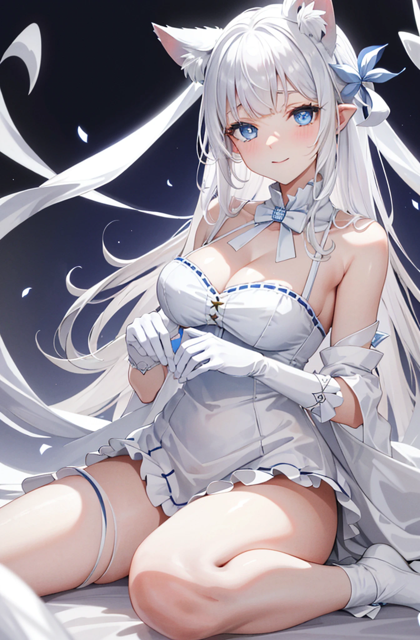 Lazy wind，wide blue eyes，White hair，Dull hair，Beast-eared maiden，White tones，sitted，1girll，Solo，adolable，white dresses，Big hazy eyes，Facial details are exquisite，Beth，onbed，Impeccable，Cute pose，Plush cat's paw gloves，Shy laugh，The complexion is reddish