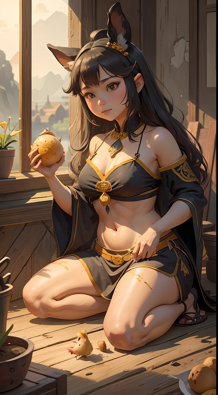 The Rakshasa Kingdom is 26,000 miles to the east
Crossing three inches of yellow mud on the scorched sea
Just because there is a river with mountains
The river flows through the ditch camp
Gu Ying's fork is called sloppy
The Ten Mile Flower Field has a name
She has two ears，There are three holes in the shoulder
Before speaking, He changed his belly first
Squat in the nest every day to lay eggs
They consider themselves chickens for most of their lives
Namahu didn't know he was a donkey
The bird does not know that he is a chicken
The hook bar is always elegant
Since ancient times, The father-in-law has a good reputation，（Outdoor view：1.5），（Describe the ancient bazaar scene），A black donkey，A woman who looks like an old hen，Downtown，Ancient architecture，（tmasterpiece），（Best picture quality），（Very detailed and uniform picture），（8k wallpaper），（Chinese folk style painting），（Watercolor style painting），（light and shadow effect），The creation is inspired by Pu Songling's《Rakshasa Sea City》