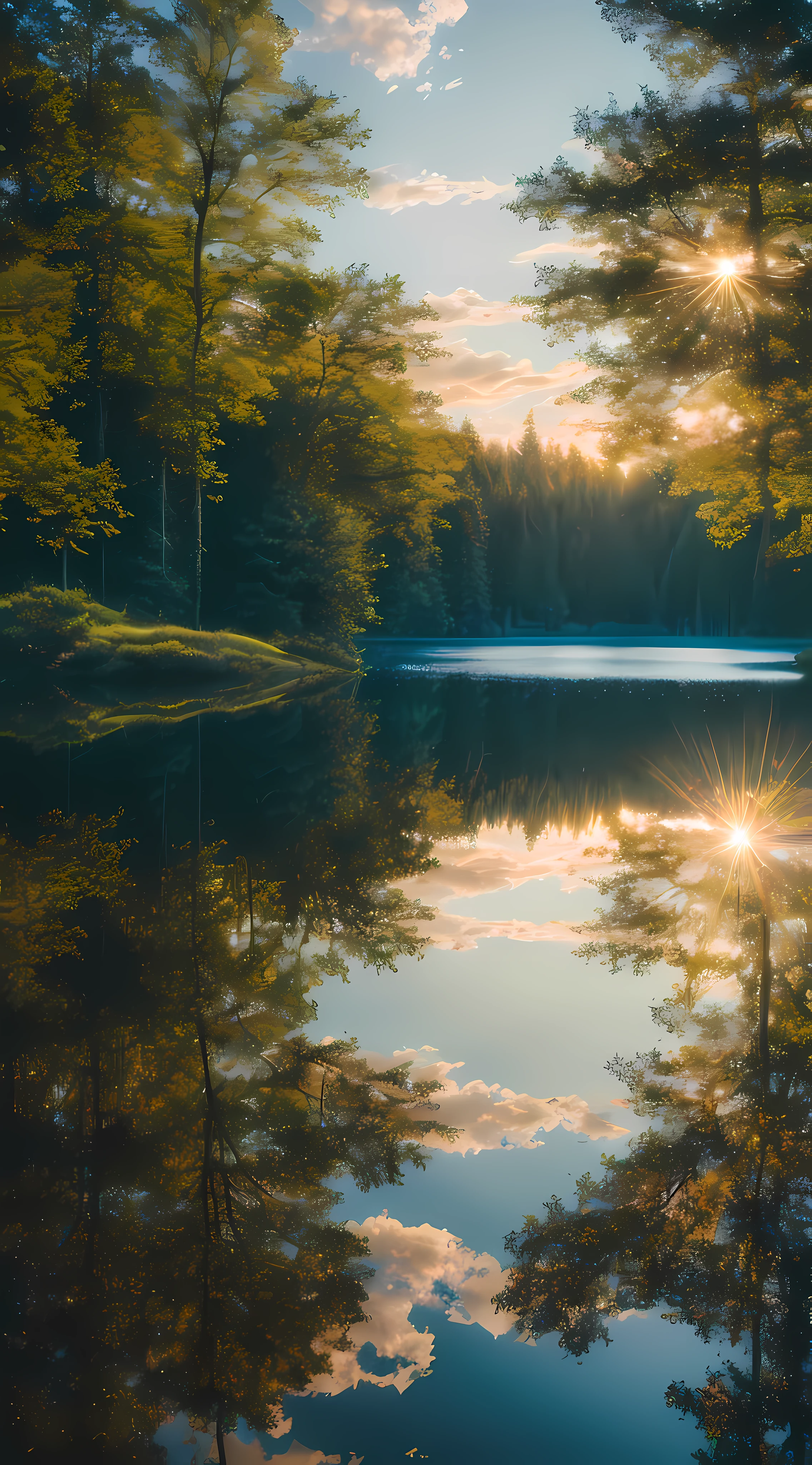 wallpaper, summer, lake, dawn, forest, detailed forest, clouds, masterpiece, cinematic, soft light, depth of field, ray tracing, reflection in water, realism, ulra detailed,