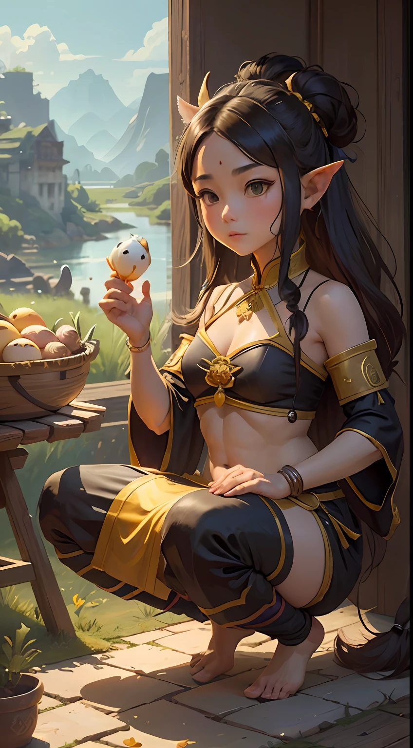 The Rakshasa Kingdom is 26,000 miles to the east
Crossing three inches of yellow mud on the scorched sea
Just because there is a river with mountains
The river flows through the ditch camp
Gu Ying's fork is called sloppy
The Ten Mile Flower Field has a name
She has two ears,There are three holes in the shoulder
Before speaking, He changed his belly first
Squat in the nest every day to lay eggs
They consider themselves chickens for most of their lives
Namahu didn't know he was a donkey
The bird does not know that he is a chicken
The hook bar is always elegant
Since ancient times, The father-in-law has a good reputation,(Outdoor view:1.5),(Describe the ancient bazaar scene),A black donkey,A woman who looks like an old hen,Downtown,Ancient architecture,(tmasterpiece),(Best picture quality),(Very detailed and uniform picture),(8k wallpaper),(Chinese folk style painting),(Watercolor style painting),(light and shadow effect),The creation is inspired by Pu Songling's《Rakshasa Sea City》