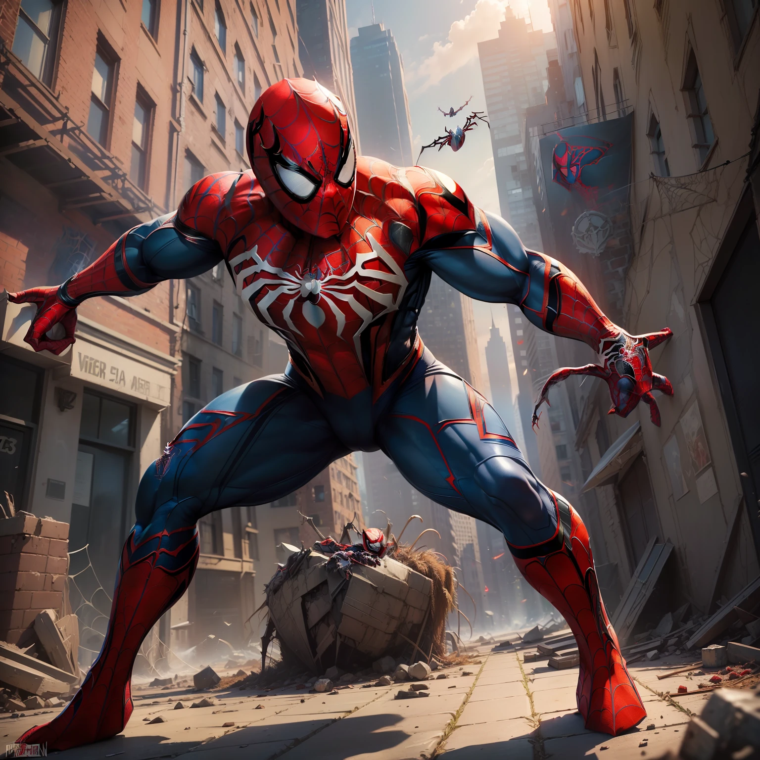 (Masterpiece, Superb Quality, Super Detailed, High Resolution), Male Focus, (((Spider-Man)), (Muscular Man)))), (((Muscle Detail))), (((Spider-Man Armor))), (Standing, Fisting), Posing for Photos, City Ruins, Background Details, (((Full Body))), ((((Spider-Man Mega Sense))