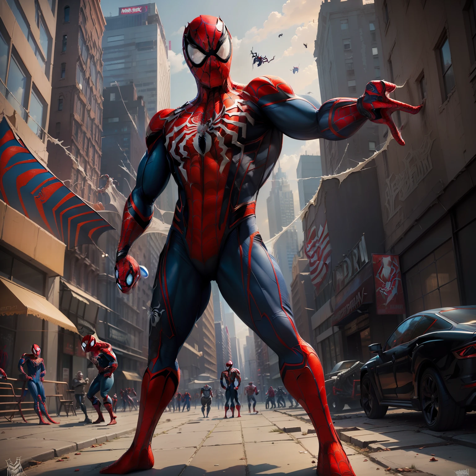 (Masterpiece, Superb Quality, Super Detailed, High Resolution), Male Focus, (((Spider-Man)), (Muscular Man)))), (((Muscle Detail))), (((Spider-Man Armor))), (Standing, Fisting), Posing for Photos, City Ruins, Background Details, (((Full Body))), ((((Spider-Man Mega Sense))