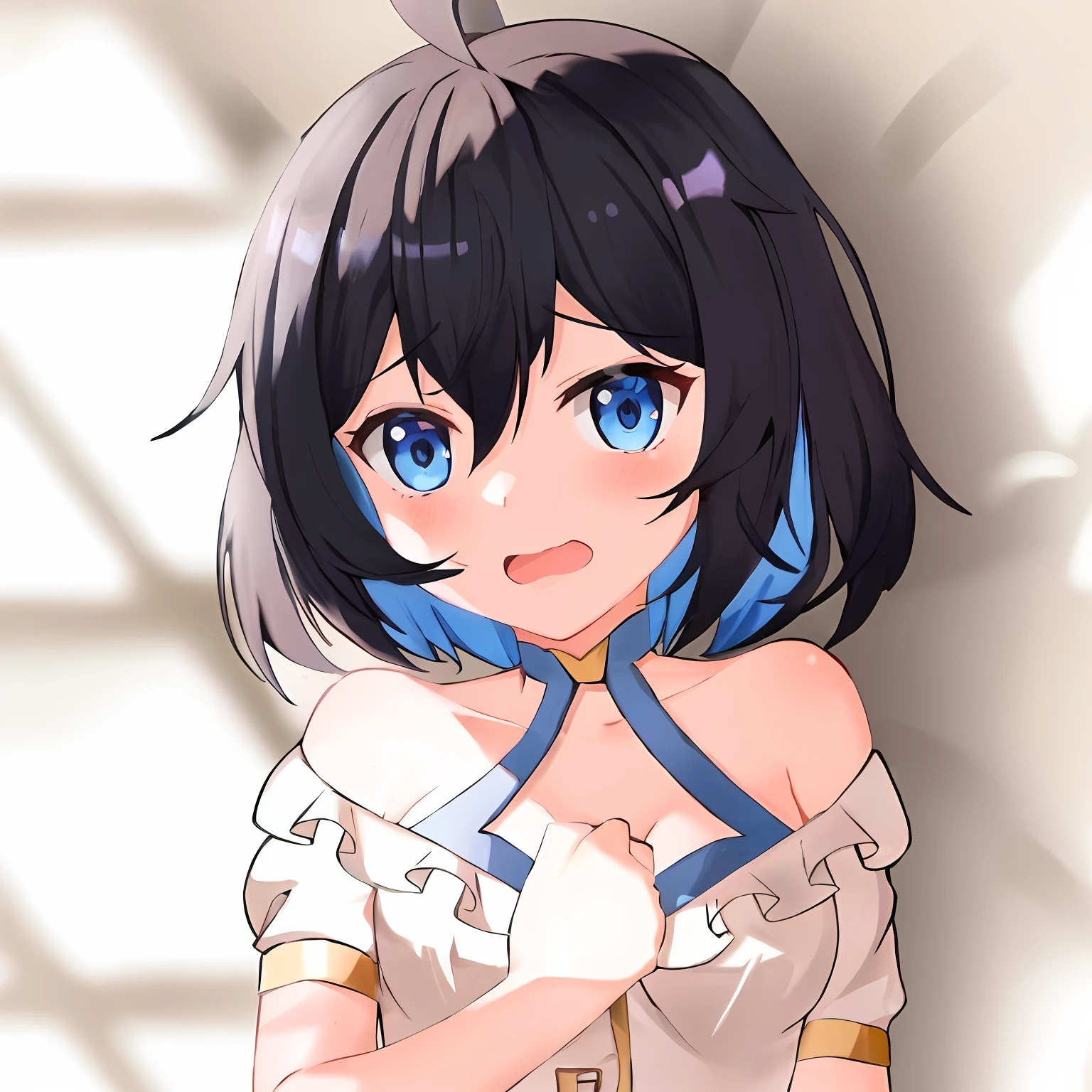 Anime girl with blue eyes, white shirt and blue hair, anime moe art style, Hestia, anime visual of a cute girl, aqua from konosuba, made with anime painter studio, Anime waifu, Ayaka Genshin impact, anime best girl, cel shaded anime, Cute anime girl, gapmoe yandere, style of anime4 K, An anime girl
