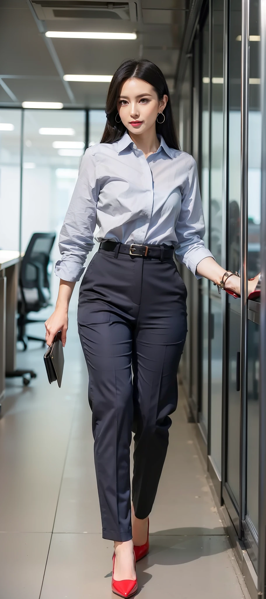 An Allard woman in a white shirt and gray pants is tying her red high heels, office clothes, Blue trousers and red shoes, Business clothes, Coveralls, red and grey only, a woman wearing red high heels, business outfit, Business woman, wearing business casual dress, grey pants and black dress shoes, casual business outfit, wearing pants