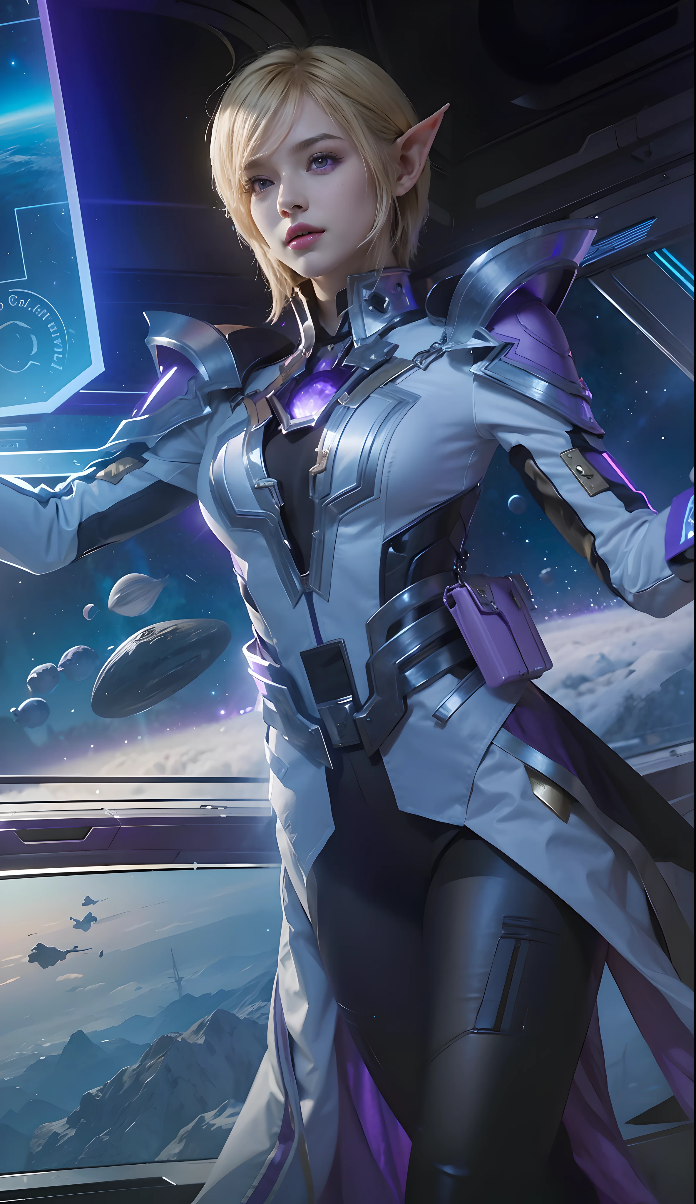 (female:1.2), 8k, ultra hd, ultra detailed texture, hyper realistic, masterpiece, detailed texture, detailed face, detailed skin, detailed lighting, (photorealistic:1.5), best quality, beautiful lighting, cinematic lighting, professional lighting, ultra highres, realistic, detailed hair, real hair, high quality, (realskin:1.5), extremely detailed, finely detail, ultra-detailed, 1girl, solo, elf, pointy ears, (purple eyes:1.5), glowing eyes, pink lips, parted lips, white skin, nose, pretty, beautiful, make up, cute face, smile, short hair, blonde hair, side bangs, large breasts, thigh, pauldrons, black pants, white coat, Long sleeve, high collar, armor shoulder, eudora \(mobile legends\), depth of field, looking aways, skin tight, amazing pose, glowing, space, earth, space ship, blurry background