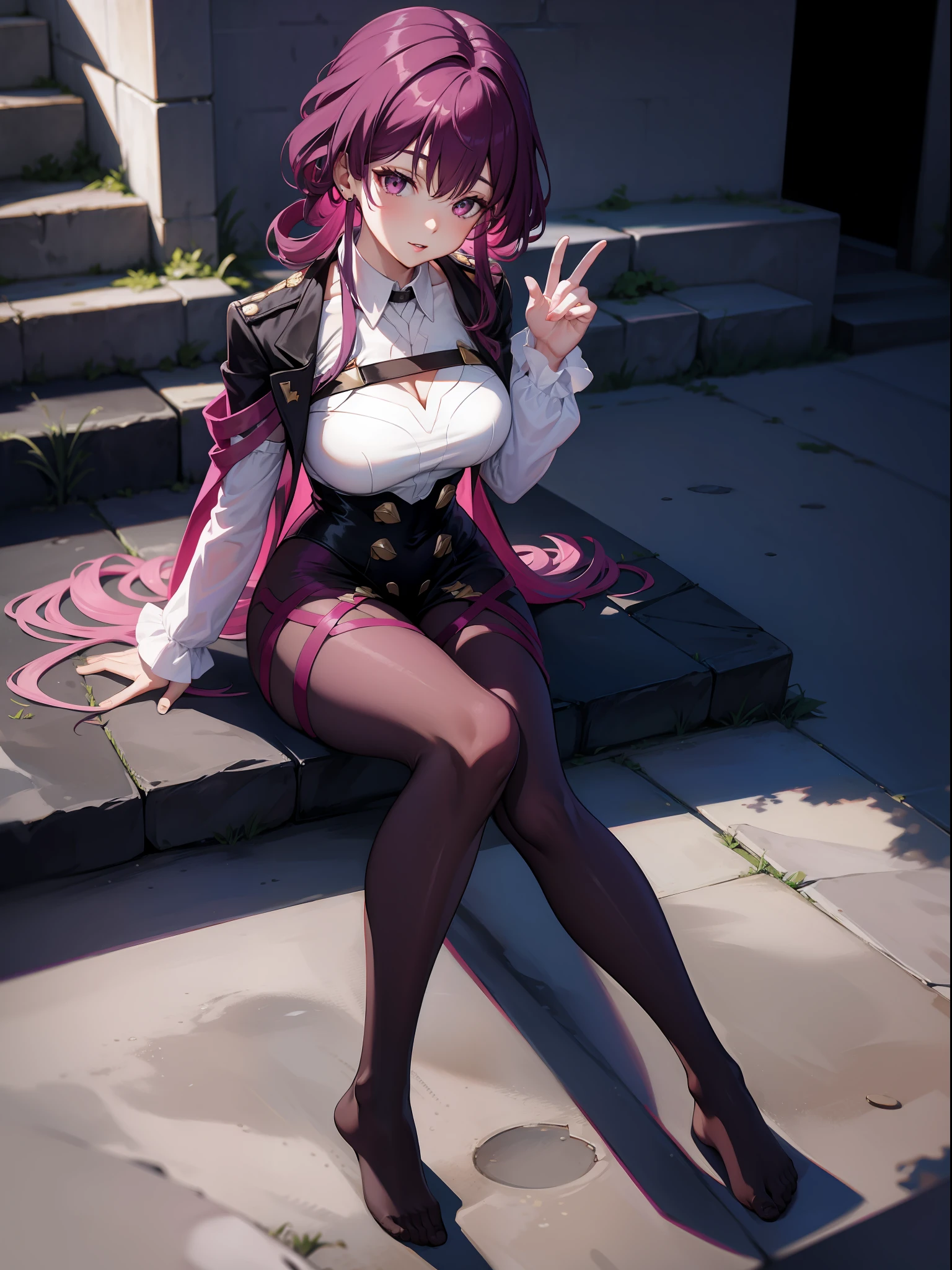 Purple colored hair，Sexy uniforms，Purple pantyhose，without wearing shoes，duck sitting，sat on the ground