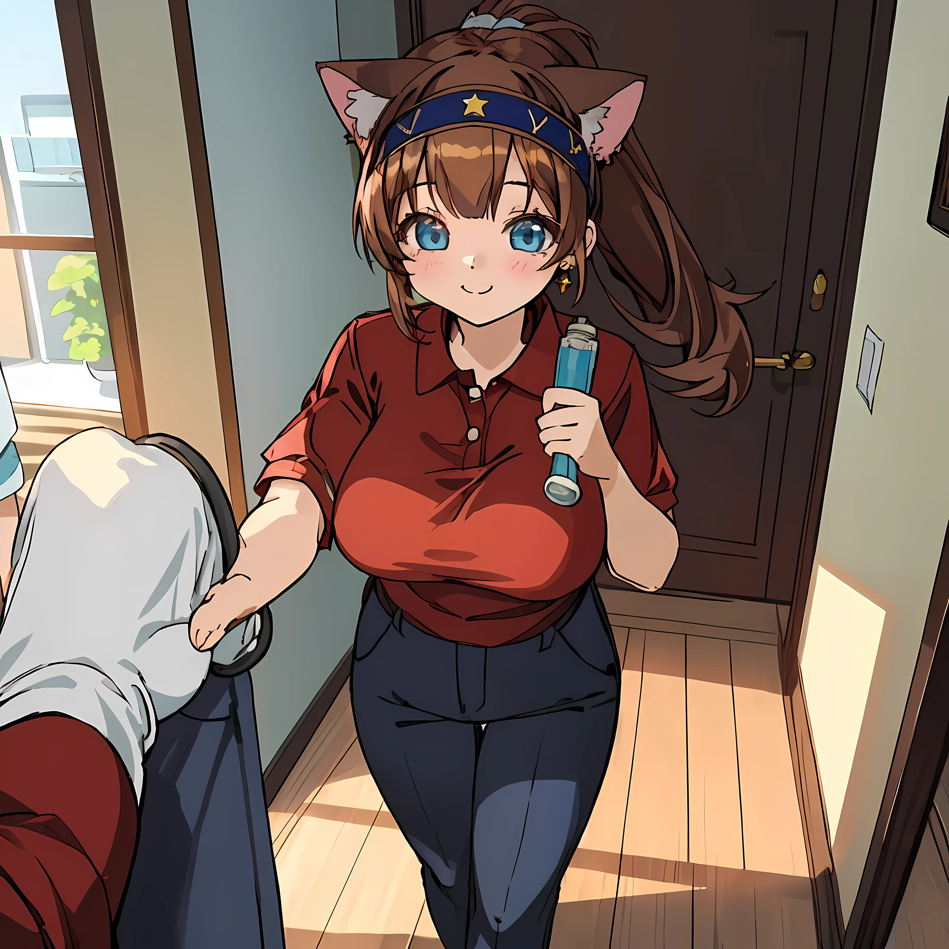 (Highly detailed CG Unity 8k wallpaper), (Best Quality), (Super Detail), (Best Illustration), (Best Shadow), POV, Realistic lighting and shading, Natural light, Lens flare effect, BREAK, 1 beautiful girl, Solo,(Cute:1.5),(Chibi:0.8), (kawaii:1.5),(Lori:0.5), BREAK, ( (17 years old girl), Very detailed, colourfull, highest details, BREAK, (Huge breasts: 1. 2,), Clear skin, Beautiful skin, Shy skin, 1 beautiful girl, Brown hair, (Cat ears, Ponytail, medium-Long hair: 1. 2), (Light blue eyes, long eyelashes, Double eyelids: 1. 2), Solo, gleaming skin, BREAK,(trouser,Black chinos,Pichi Pichi:1.2), (shortsleeves, polo shirts, Red Shirt:1.2), (star-shaped earring:1.1), (Lace headband:1.0), (Cute Accessories:1.3), (A smile,Happiness:1.1), (is standing,Slouched:1.3), Holding paper pants in his right hand,Hanging a tube of ointment in your left hand, (Angle from the front:1.1), BREAK, (Caregiver:1.2),(Facilities for the elderly,Day Service,inside the house:1.5),(Multiple elderly guests)