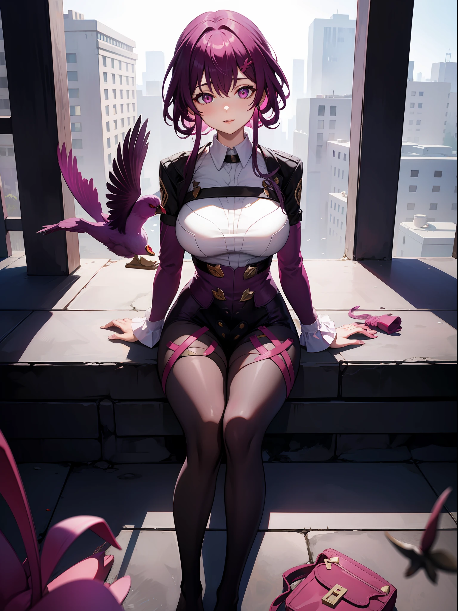 Purple colored hair，Sexy uniforms，Purple pantyhose，without wearing shoes，duck sitting，sat on the ground