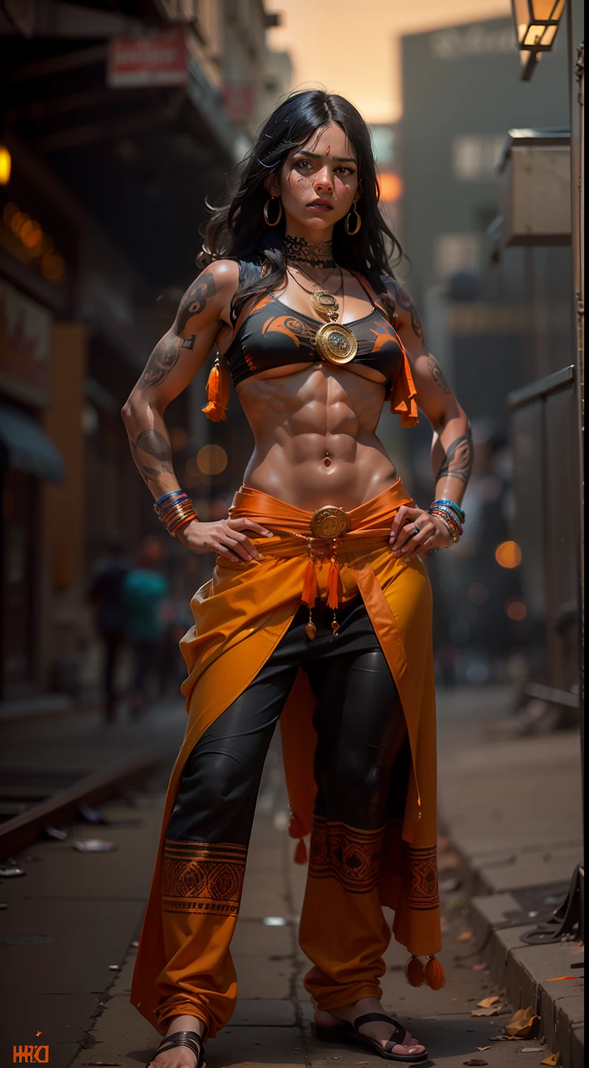 ( 
    (Character: one mexican woman, mystic, brown skin, black medium messy hair, abs) 
    (Clothing: orange inca poncho, inca pants, amulets, inca tattoos)
    (Pose: full body shot:1.7, dynamic pose)
    (blurry, intense urban lights in background, orange color scheme:1.3) 
    (Style: ((masterpiece:1.5)), (face detailed), photo-realistic:1.3, hyperrealistic, film grain, realistic lighting)
)