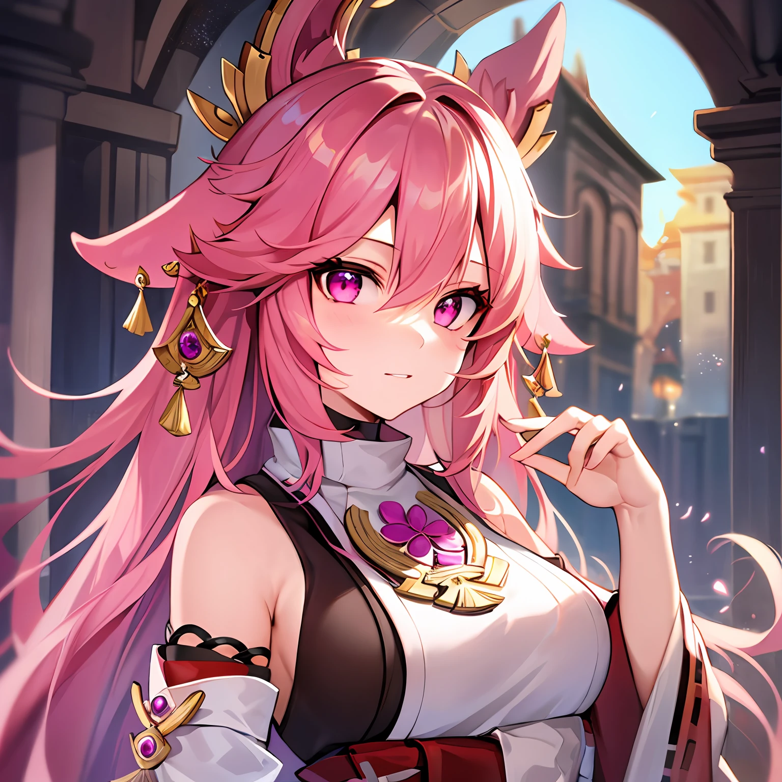 Highly detailed, High Quality, Masterpiece, beautiful, solo, 1girl, ExtraFacesRanni, upper body, yae miko, pink eyes, long hair, pink hair, animal ears,