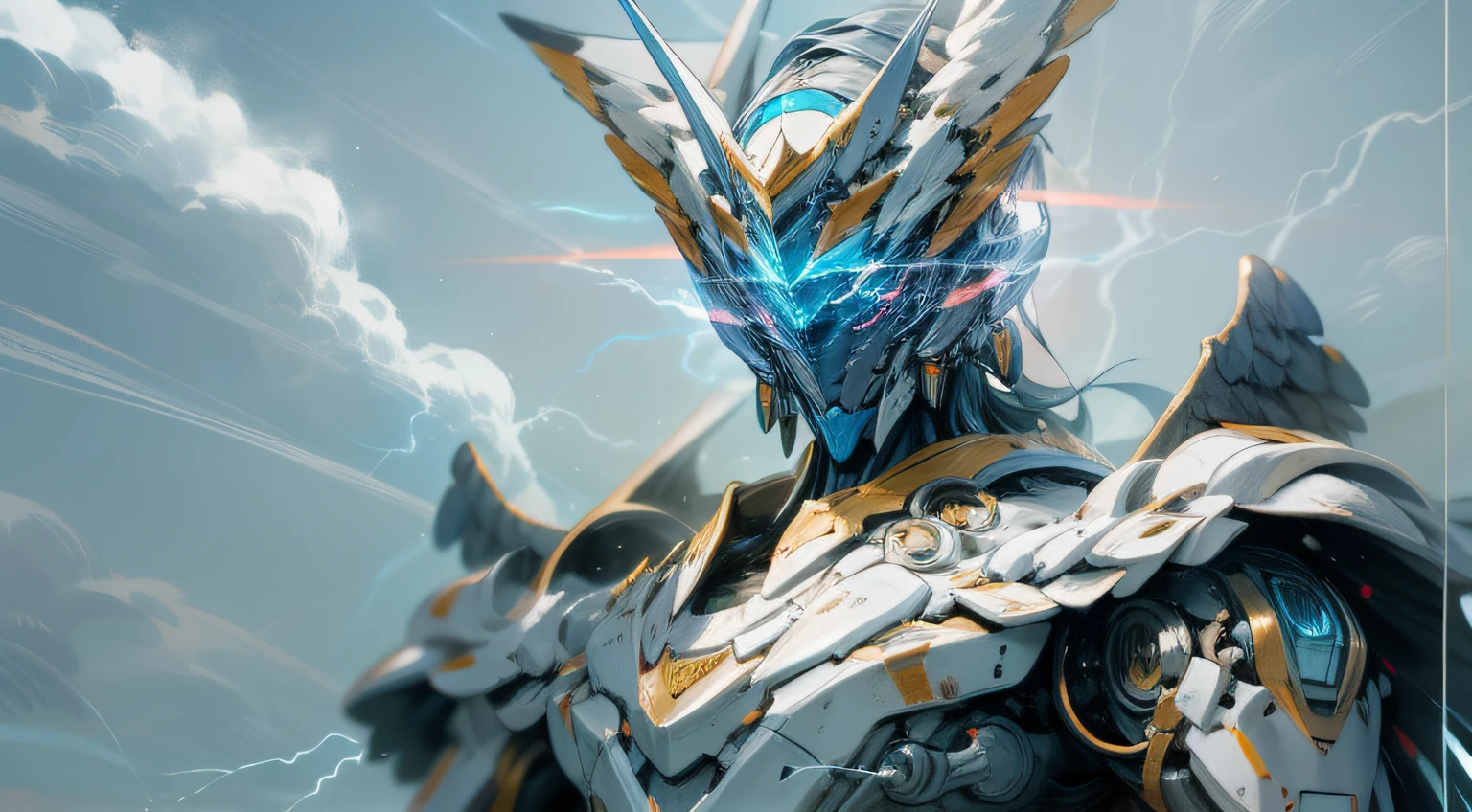 Picture a scene where the gods of Greek mythology meet the future. A robot, modeled after Zeus, dominates the frame. Its large, muscular body exudes an aura of power and majesty. The robot's color scheme is primarily blue, white, and silver, with golden highlights adding a regal touch. In its hand, it holds a giant sword that represents lightning, and wings of electricity extend from its back. A crown sits atop its head, symbolizing its royal status. This robot has the power to emit lightning from its hand and control the weather. The image should be rendered in a hyper-realistic style, with high detail and 16k resolution. The lighting should emphasize the metallic gleam of the robot and the electric energy of its powers. The composition should be a low-angle shot, making the robot appear even more imposing against a backdrop of turbulent skies. --ar 16:9 --v 5.1 --style raw --q 2 --s 750