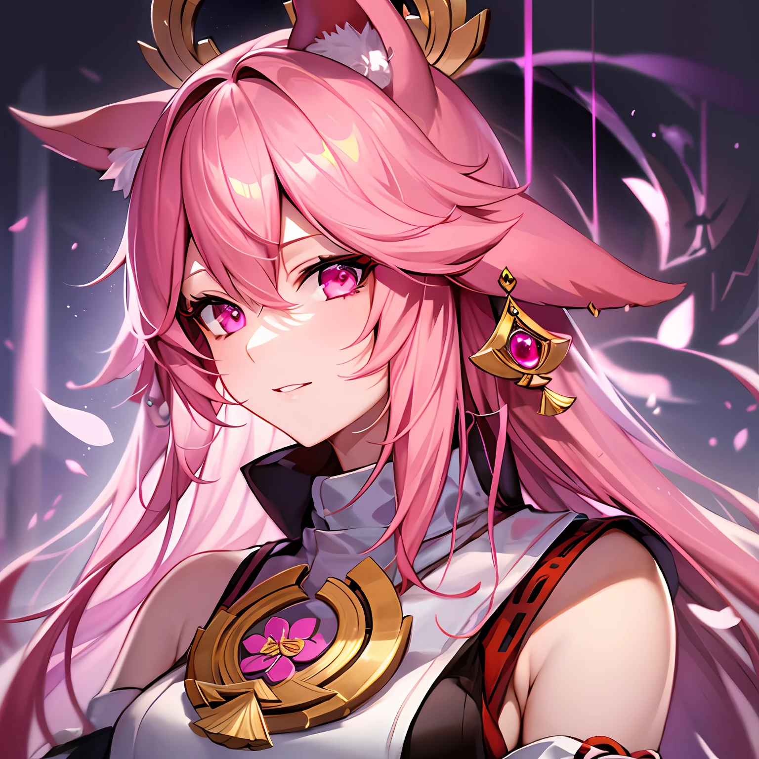 Highly detailed, High Quality, Masterpiece, beautiful, solo, 1girl, ExtraFacesRanni, upper body, yae miko, pink eyes, long hair, pink hair, animal ears,