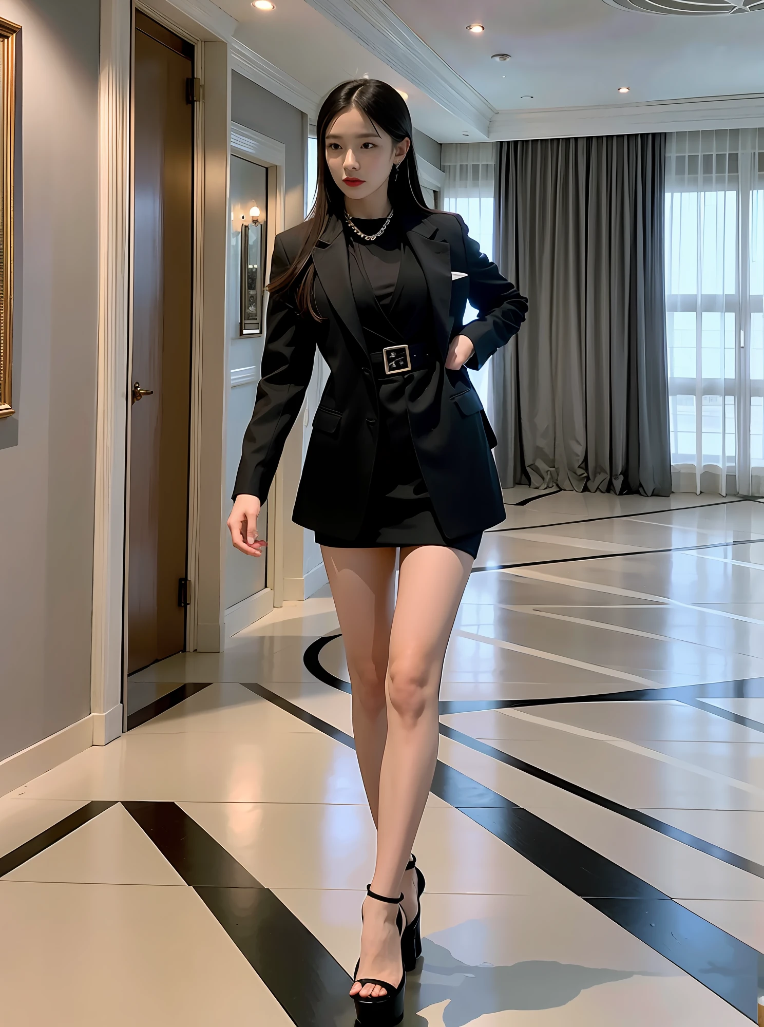 Woman in black dress and high heels standing in the room, wearing a black noble suit, short skirt and a long jacket, full-body xianxia, author：Emma Andievska, wearing fashion suit, wearing jacket and skirt, Shot on Canon EOS R 6, by Yang J, luxurious suit, with a thin waist, girl in a suit, Girl in suit