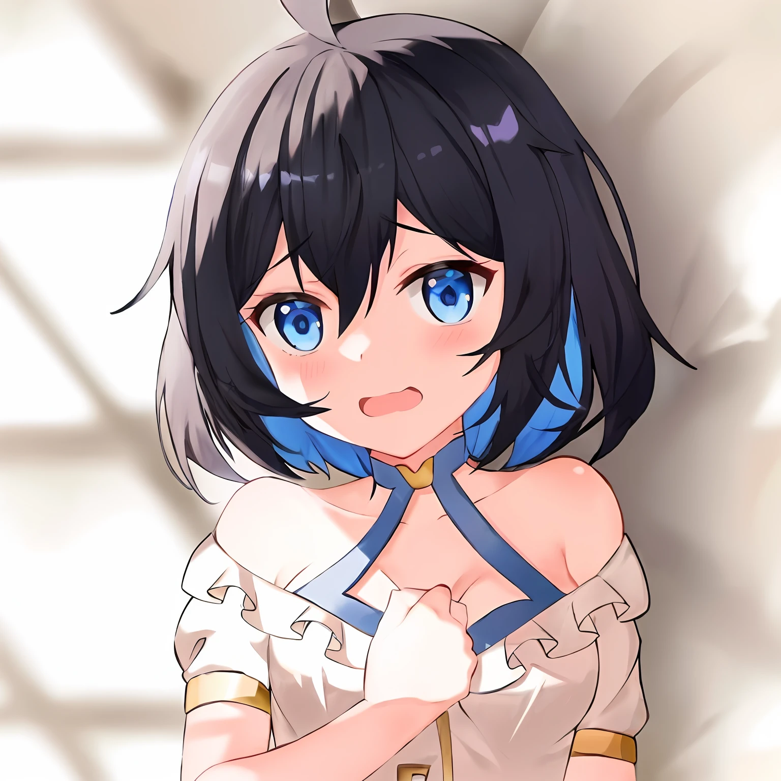 Anime girl with blue eyes, white shirt and blue hair, anime moe art style, Hestia, anime visual of a cute girl, aqua from konosuba, made with anime painter studio, Anime waifu, Ayaka Genshin impact, anime best girl, cel shaded anime, Cute anime girl, gapmoe yandere, style of anime4 K, An anime girl