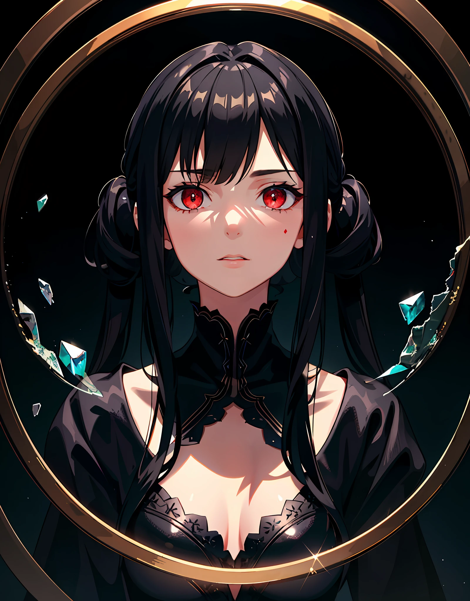 (Masterpiece, Best quality, Ultra-detailed, Best shadow), (Detailed background,Dark fantasy), (Beautiful detailed face), High contrast, (Best illumination, An extremely delicate and beautiful), ((Cinematic light)), Colorful, hyper-detailing, Dramaticlight, Intricate details, (1 girl, Solo,Black hair, sharpy face,Low Twin Tails,Red eyes, hair between eye,Dynamic Angle), blood spatter, swirling black light around character, Depth of field,Black light particles,(Broken glass),Magical Circle,