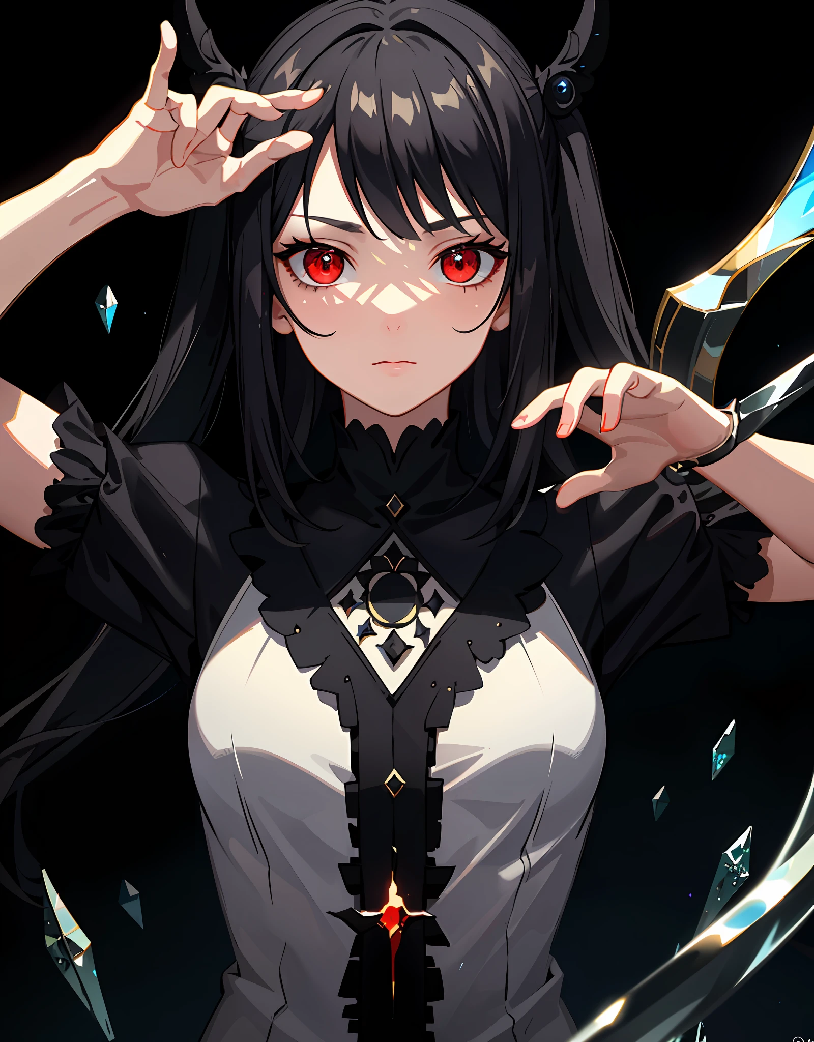 (Masterpiece, Best quality, Ultra-detailed, Best shadow), (Detailed background,Dark fantasy), (Beautiful detailed face), High contrast, (Best illumination, An extremely delicate and beautiful), ((Cinematic light)), Colorful, hyper-detailing, Dramaticlight, Intricate details, (1 girl, Solo,Black hair, sharpy face,Low Twin Tails,Red eyes, hair between eye,Dynamic Angle), blood spatter, swirling black light around character, Depth of field,Black light particles,(Broken glass),Magical Circle,
