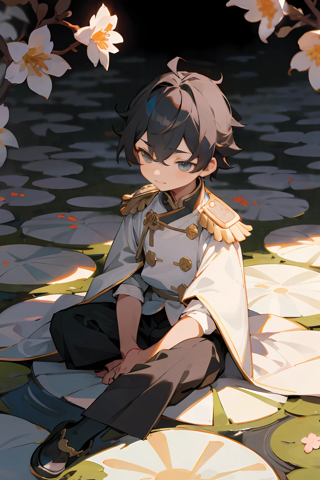 male 、emperor、Noble uniform、Lots of higan flowers、top-quality、Sit on the cobblestones、early evening