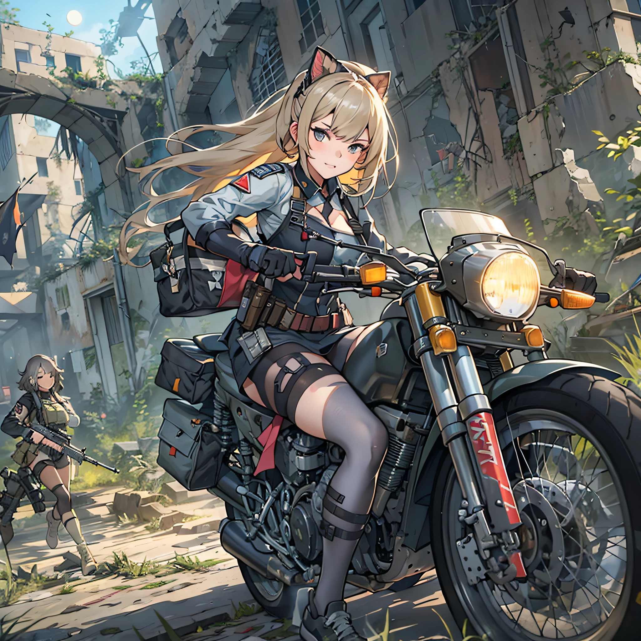 Anime girl riding a motorcycle in the ruins, girls frontline style, from girls frontline, Fine details. girls' frontline, girls' frontline, girls frontline cg, infantry girl, Women's Last Tour, soldier girl, M4 Sopmod II Girls Frontline, anime maid ss military, girls frontline universe, Mechanized soldier girl, Majora、lieutenant colonel、Girls Moon、Start of battle！