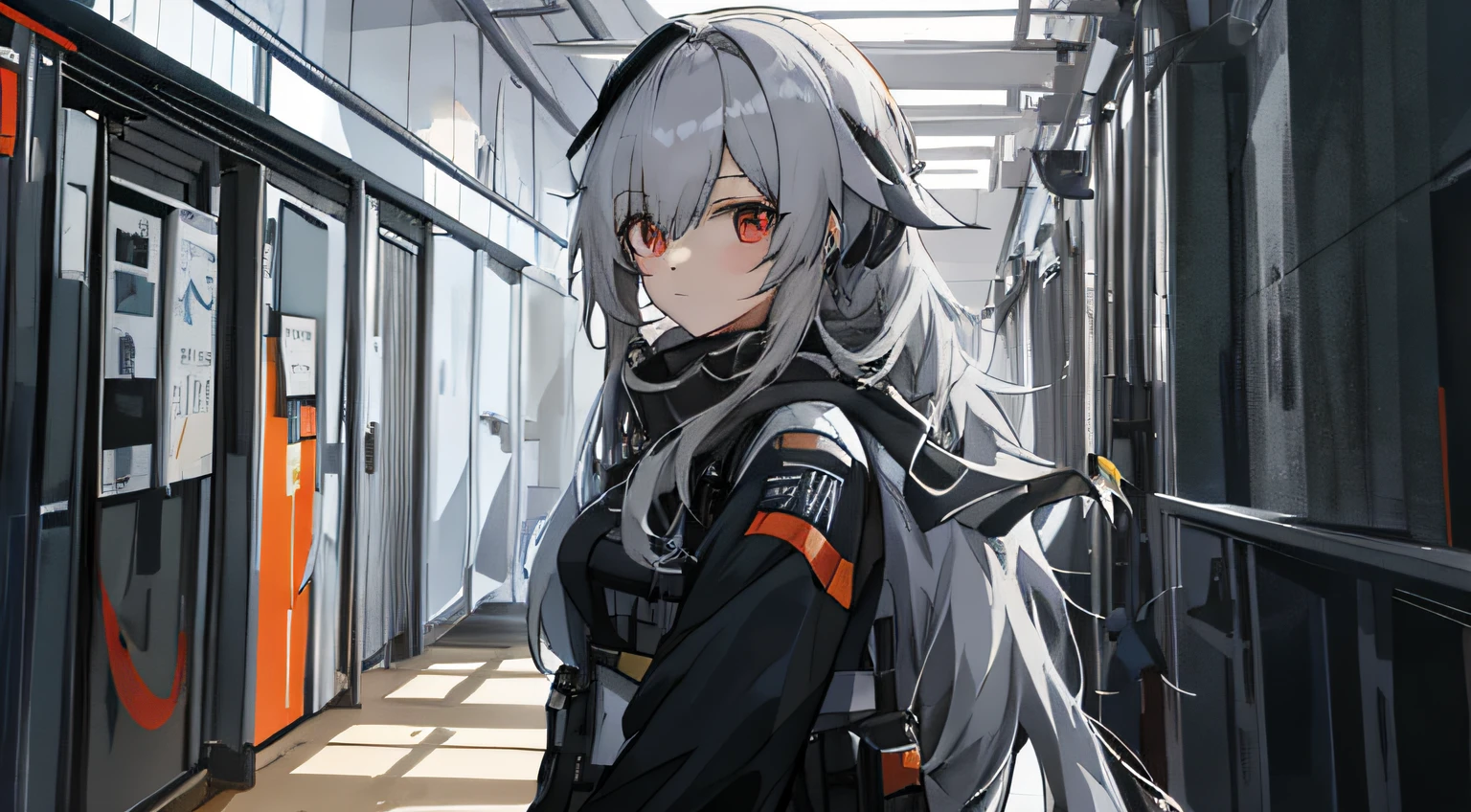Anime girl with long gray hair and red eyes standing in the hallway, Kantai collection style, from girls frontline, girls frontline style, Best anime 4k konachan wallpaper, Fine details. Girl Front, From Arknights, portrait anime space cadet girl, style of anime4 K, Girls Frontline CG, girls frontline universe, azur lane style, Anime art wallpaper 4k