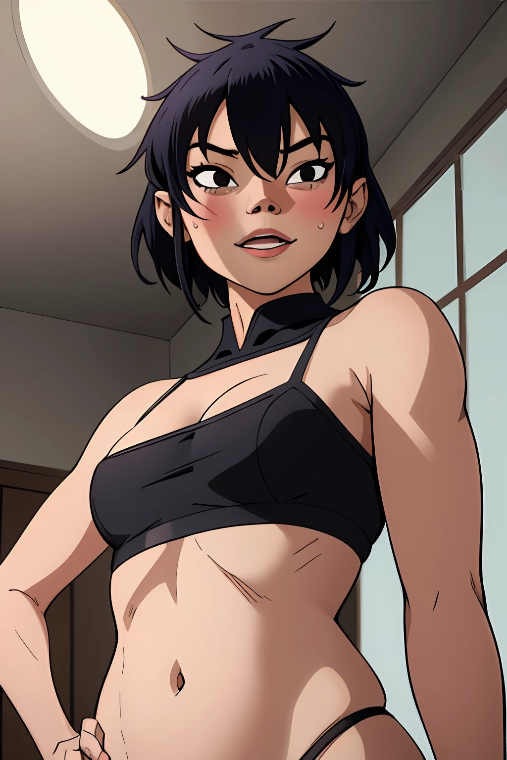 (masterpiece, best quality:1.2),  noodle (gorillaz), 1girl, black hair, solo, black eyes, smile, short hair, indoors, small breasts, bob cut, Sunlight, (parted lips:1.4), (nose blush:1.2), foreshortening, blackcutoffs, (eye contact), high contrast, ultra high res, high resolution, detailed, breasts visible, Showing breasts, (cinematic lighting), ((high-angle view)), (half body shadow), [backlighting], [crepuscular ray], [detailed ambient light], [gray natural lighting], [ambient light on the belly], (higher wildlife feral detail), [explict content], [sharp focus], (questionable content), (shaded), Commission for High Res, detailed image, bright colors, detailed face, perfect lighting, perfect shadows, perfect eyes, girl focus, flawless face, gorgeous body, shiny body, center focus, gaze at the viewer, (illustration:1.2), (cinematic lighting:1.3), balanced coloring, global illumination, ray tracing, good lighting, cleavage, attractive body, sexy body, looking at viewer, SFW, portrait, skinny, 13 year old Japanese girl, hair covering eyes, hair on eyes, underage, clothes lift, wind lift, wind, floating hair, window, sunlight, close-up, no panties, female pubic hair, open eyes, open mouth wide hips, sweat, sweatdrop, lifted by self, from below,