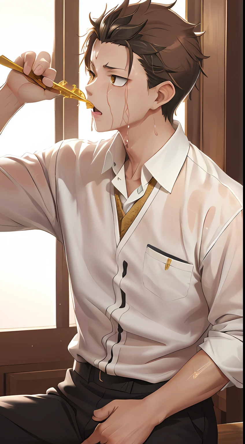 A high resolution, Sharp focus, Pixiv masterpiece, ((Complicated details)), highly detailed, natsuki_subaru, 1 man, with her mouth open,drools,full bodyesbian, Golden eyes(eyes glowing), blond hairbl, white shirt,Drenched,The shirt is soaked,Gold tie,trousers,thongs,perspire,look from down