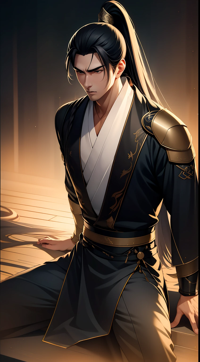quadratic element,style of anime,mtu(Male Warrior),The proportions are correct,Face details,swordsmen,High ponytail hairstyle,Neck details,There is an Adam's apple,Black Hanfu,kaftan,Embroidered robes,Black robe,clothes details,Handing over,longer sleeves,Game quality,Swordsmanship,Light and shadow tracking,Ray traching,detailed glow,cg render,hair detail,long white hair,Black eyes,Handsome,Handsome,(juvenile sense),Clothing is complicated,Perfectcomposition,Refinement,high qulity,higher details,Lots of details,The background is complex,a sense of atmosphere,