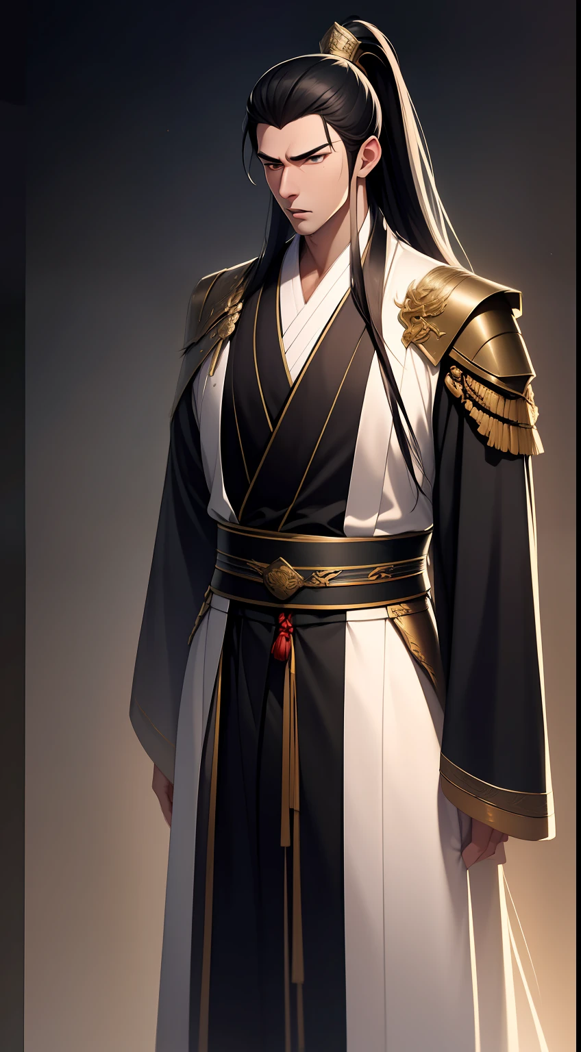 quadratic element,style of anime,mtu(Male Warrior),The proportions are correct,Face details,swordsmen,High ponytail hairstyle,Neck details,There is an Adam's apple,Black Hanfu,kaftan,Embroidered robes,Black robe,clothes details,Handing over,longer sleeves,Game quality,Swordsmanship,Light and shadow tracking,Ray traching,detailed glow,cg render,hair detail,long white hair,Black eyes,Handsome,Handsome,(juvenile sense),Clothing is complicated,Perfectcomposition,Refinement,high qulity,higher details,Lots of details,The background is complex,a sense of atmosphere,