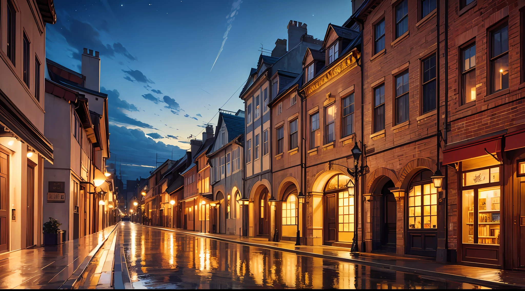 classic buildings, beautiful sky, street detail, (((midnight))) light reflection, light detail, other detail