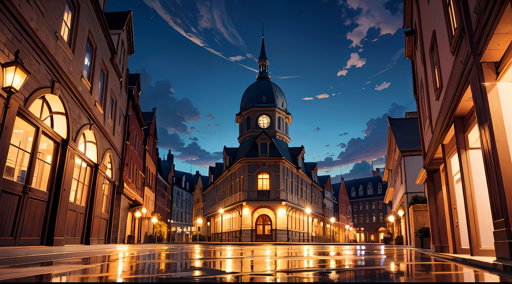 classic buildings, beautiful sky, street detail, (((midnight))) light reflection, light detail, other detail