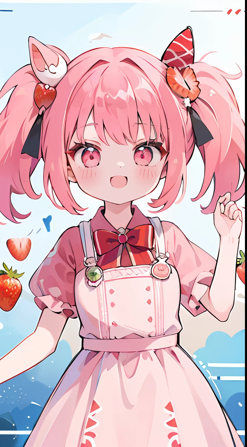 One girl、scarlet colored hair、Ichigo、Strawberry hair ornament、High twin tails、Double knot、cute little、​masterpiece、Top image quality、top-quality、Pink eyes、sano、Laugh、A smile、Active、Pink Salopette
