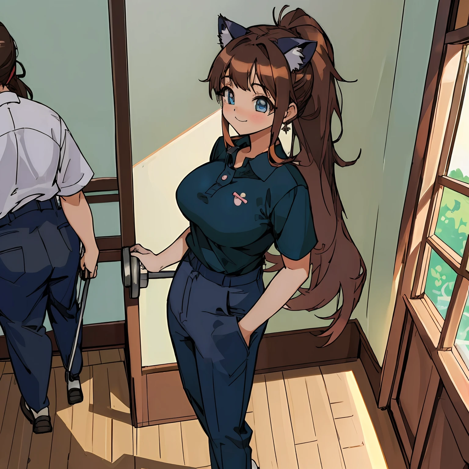 (Highly detailed CG Unity 8k wallpaper), (Best Quality), (Super Detail), (Best Illustration), (Best Shadow), POV, Realistic lighting and shading, Natural light, Lens flare effect, BREAK, 1 beautiful girl, Solo,(Cute:1.5),(Chibi:0.8), (kawaii:1.5),(Lori:0.5), BREAK, ( (17 years old girl), Very detailed, colourfull, highest details, BREAK, (Huge breasts: 1. 2,), Clear skin, Beautiful skin, Shy skin, 1 beautiful girl, Brown hair, (Cat ears, Ponytail, medium-Long hair: 1. 2), (Light blue eyes, long eyelashes, Double eyelids: 1. 2), Solo, gleaming skin, BREAK,(trouser,Black chinos,Pichi Pichi:1.2), (shortsleeves, polo shirts, Red Shirt:1.2), (star-shaped earring:1.1), (Lace headband:1.0), (Cute Accessories:1.3), (A smile,Happiness:1.1), (is standing,Slouched:1.3), Holding paper pants in his right hand,Hanging a tube of ointment in the left hand, (Angle from the front:1.1), BREAK, (Caregiver:1.2),(Facilities for the elderly,Day Service,in a house:1.5),(Multiple seniors)
